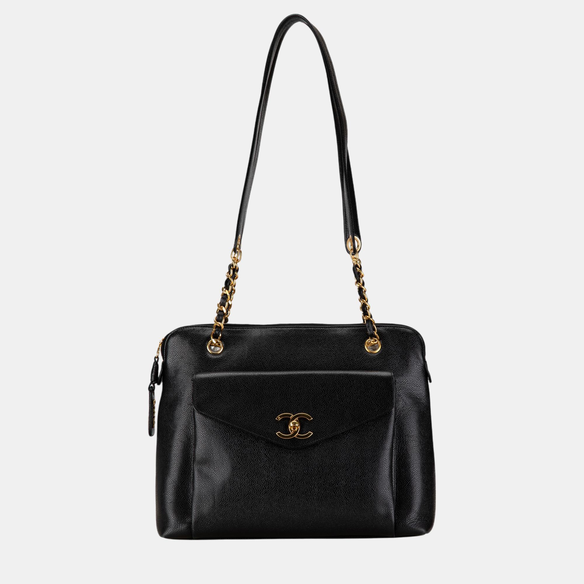 

Chanel Black Caviar Front Pocket Chain Tote