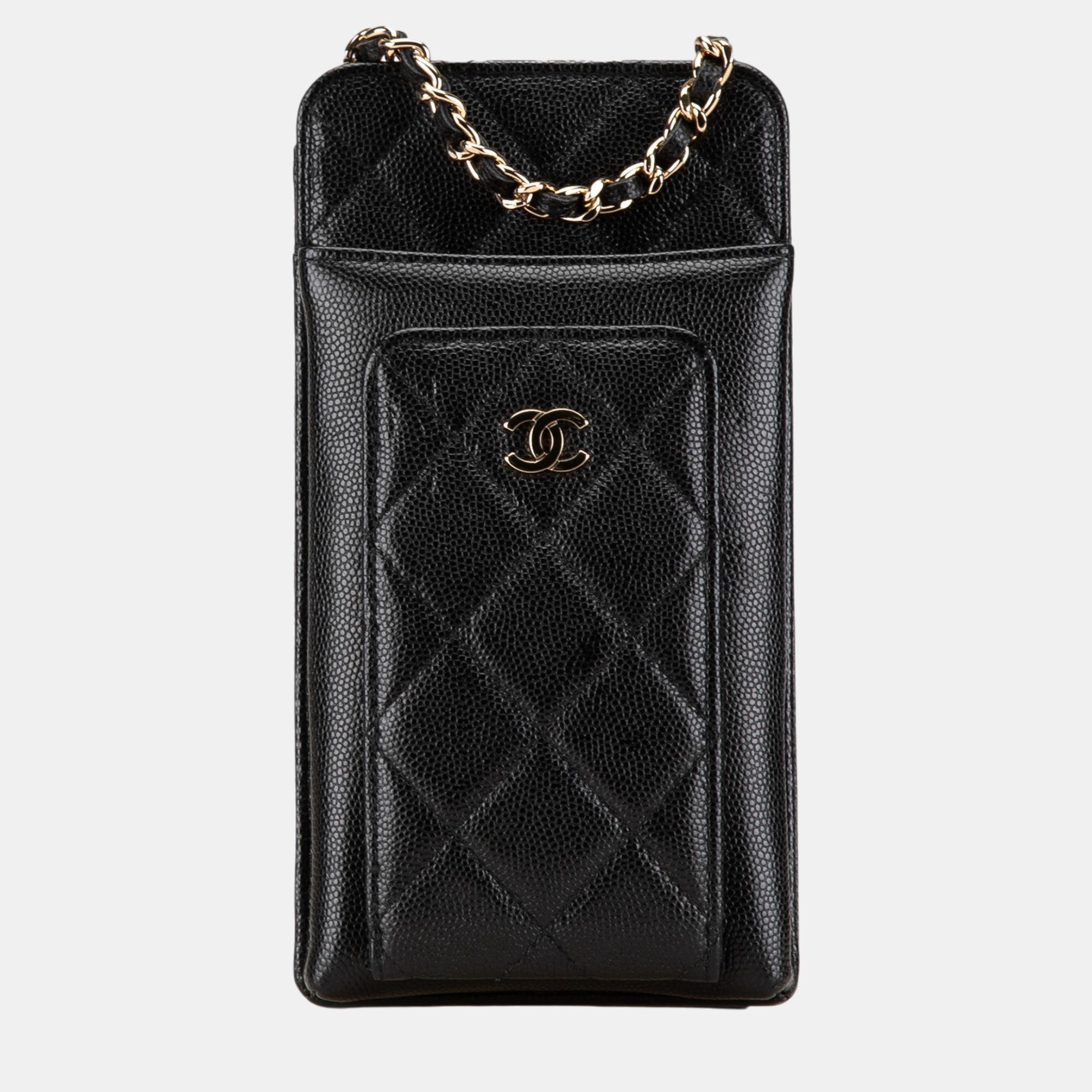 

Chanel Black Quilted Caviar O Phone Holder with Chain