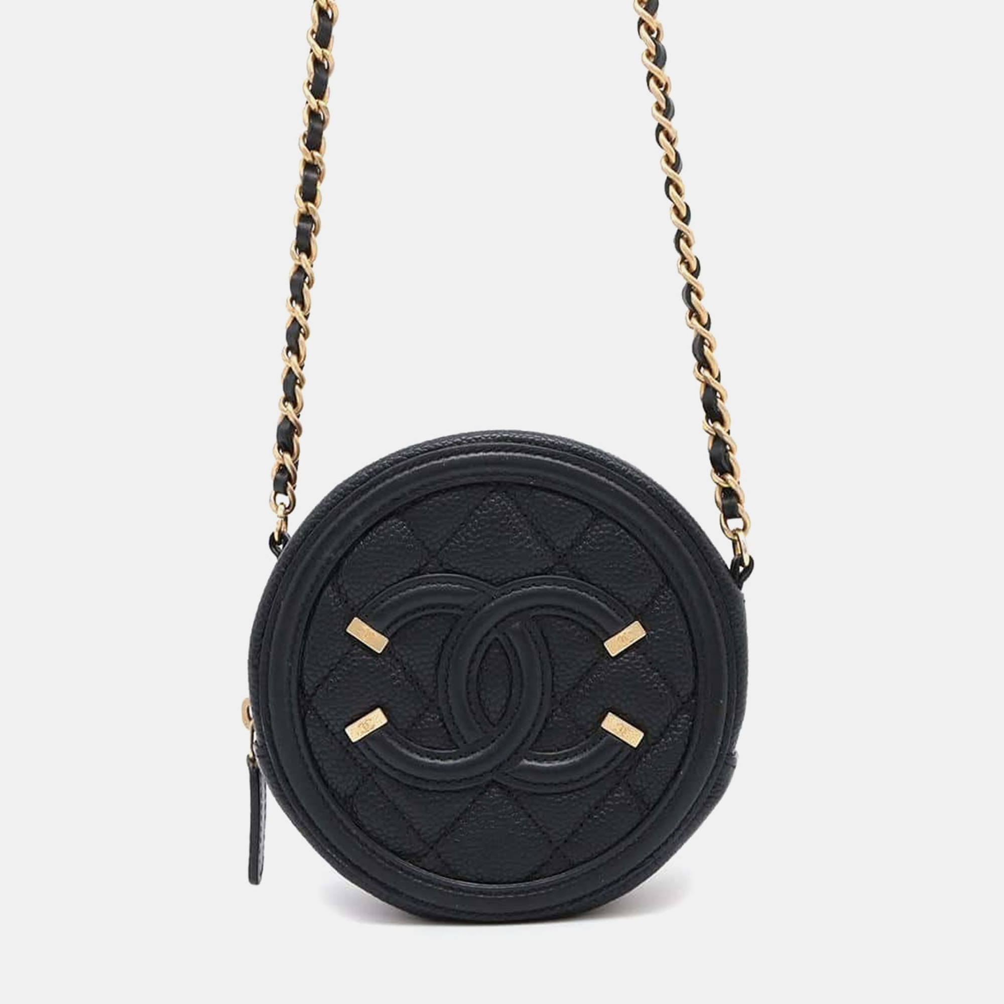 

Chanel Black Caviar Leather Cc filigree Round Chain shoulder Bag