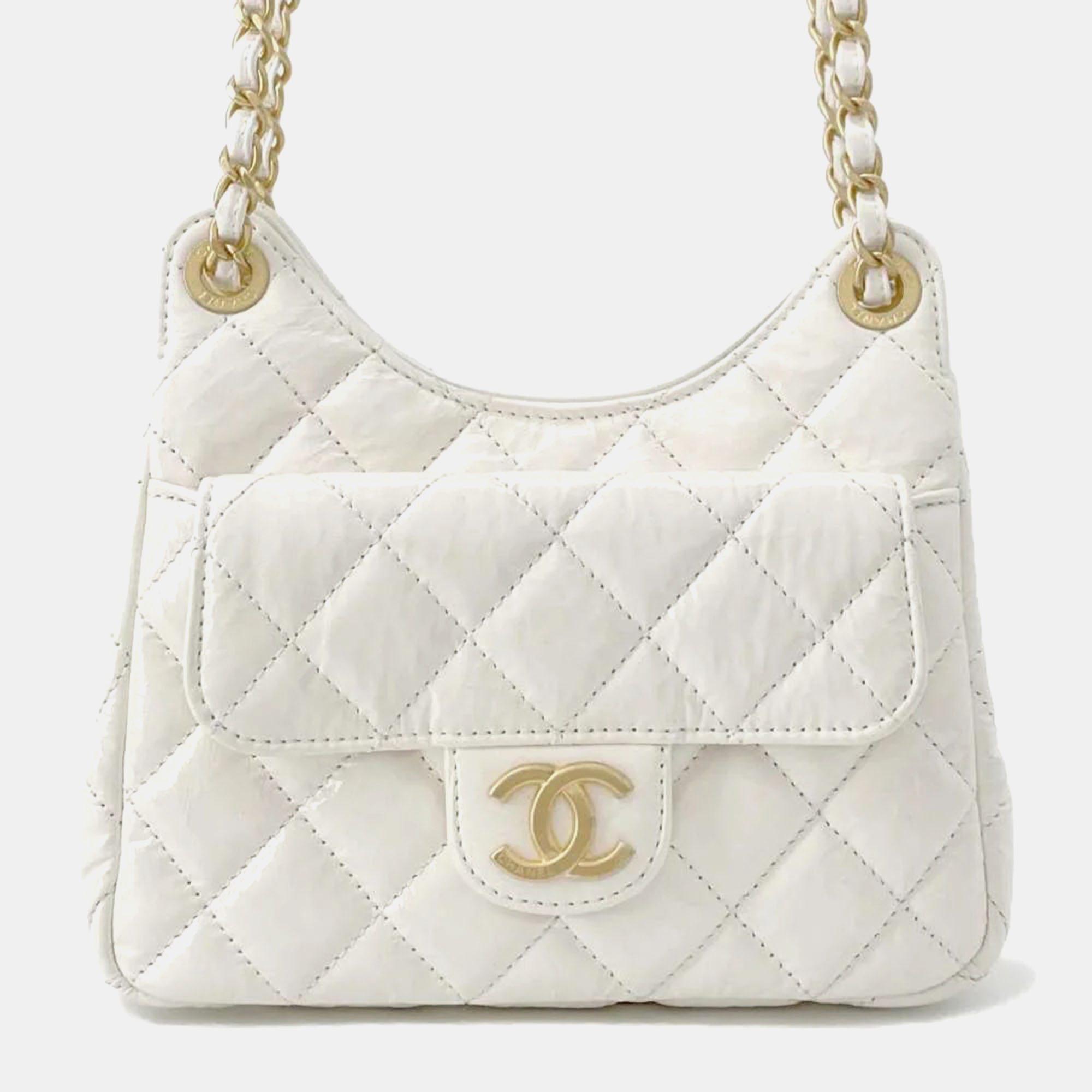 

Chanel White Vintage Calf Leather Matelasse Hobo Chain shoulder Bag