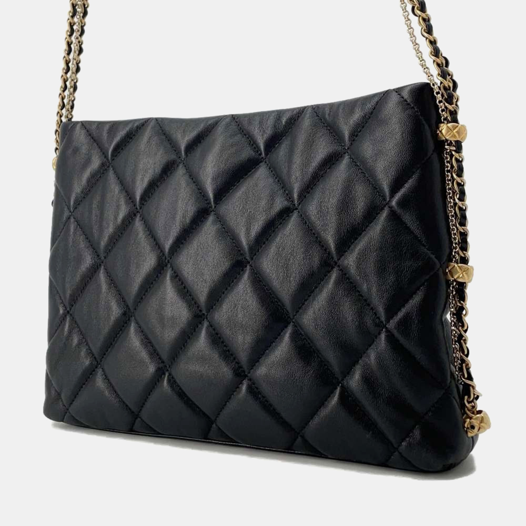 Chanel Black Lambskin Matelasse Side Chain Shoulder Bag 