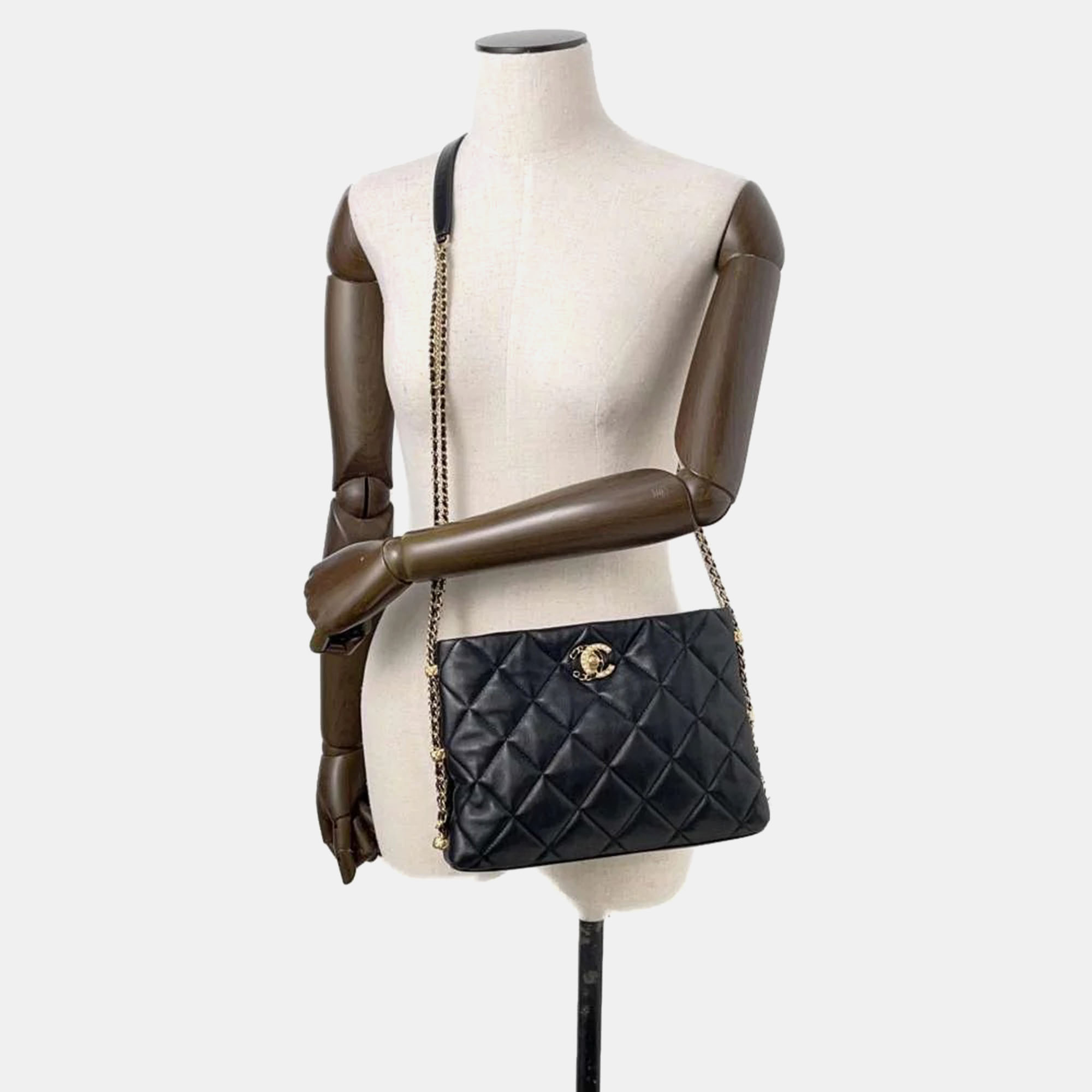 Chanel Black Lambskin Matelasse Side Chain Shoulder Bag 