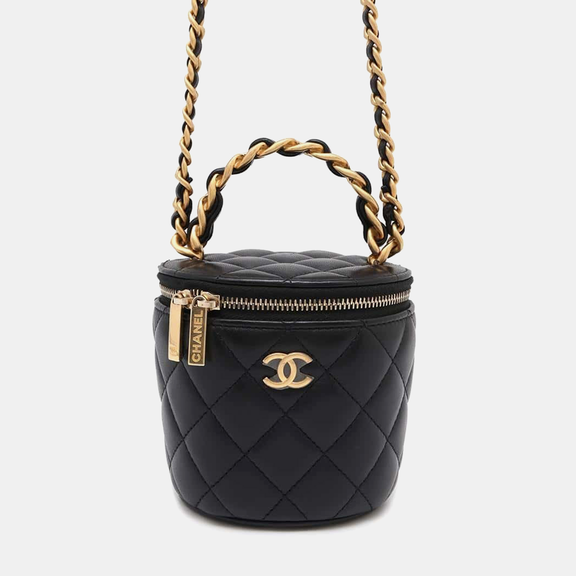 

Chanel Black Lambskin Matelasse Top Handle Chain Vanity bag