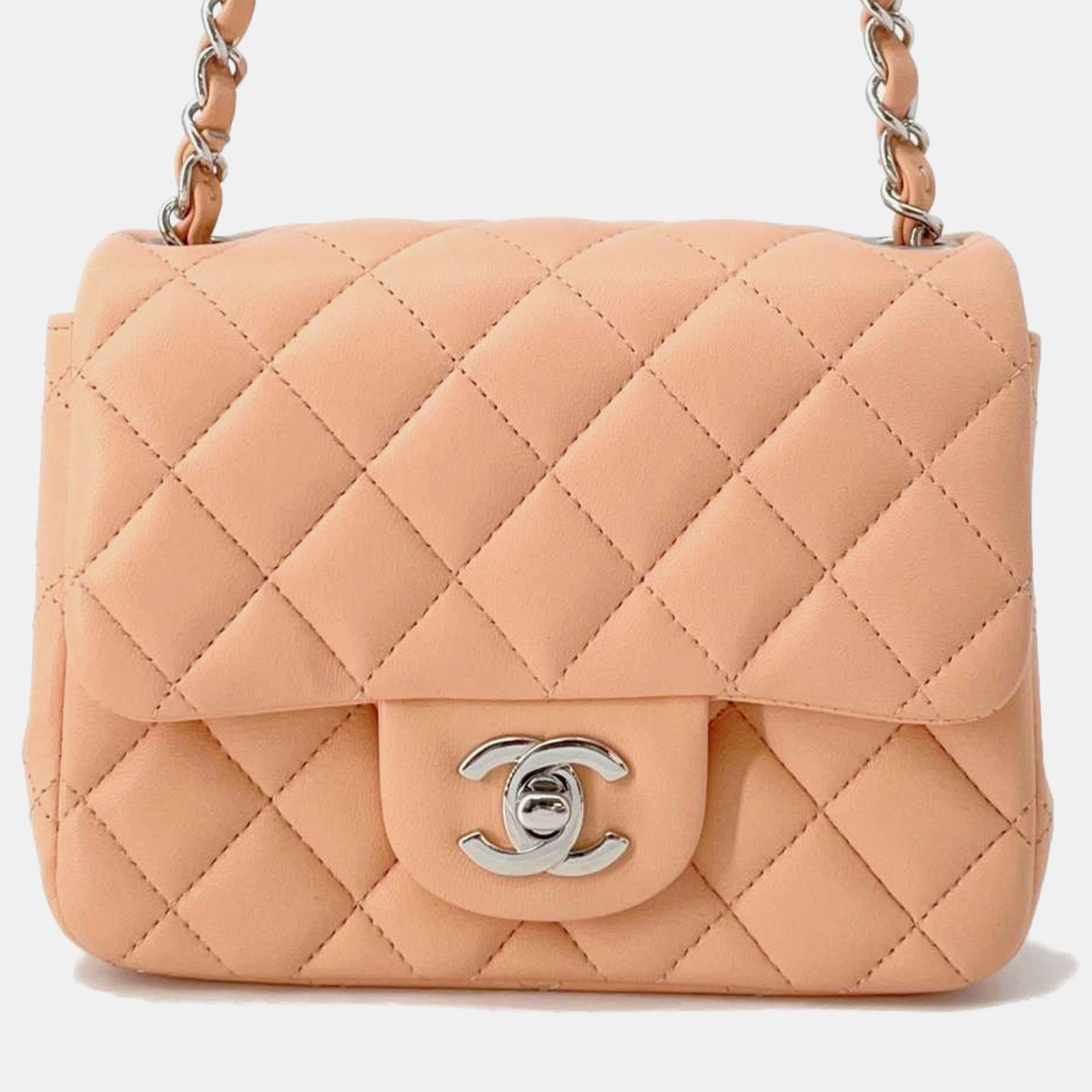 

Chanel Pink Lambskin Mini Matelasse Chain shoulder Bag Size