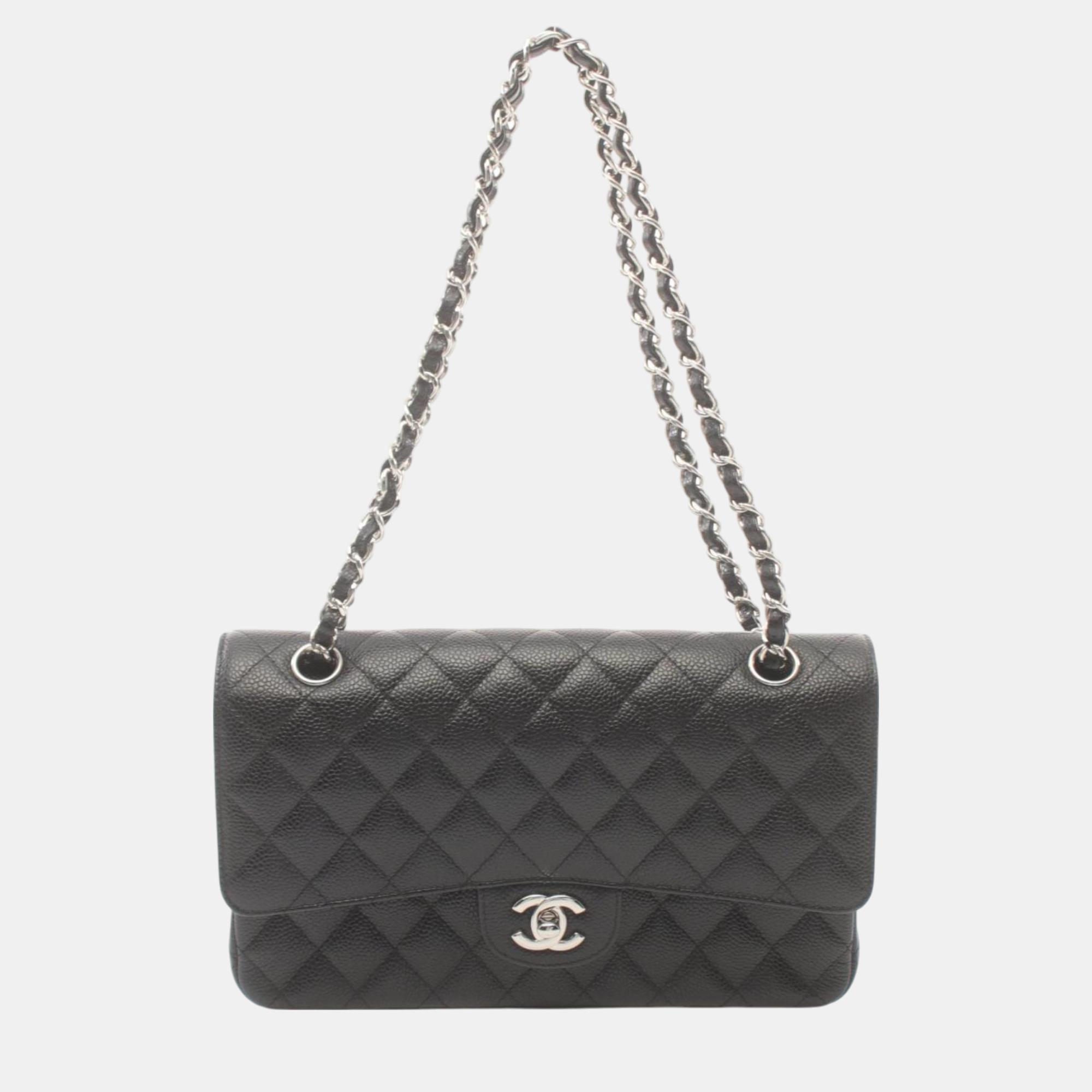 

Chanel Black Leather Grained Calfskin Matelasse W-Flap Shoulder Bag