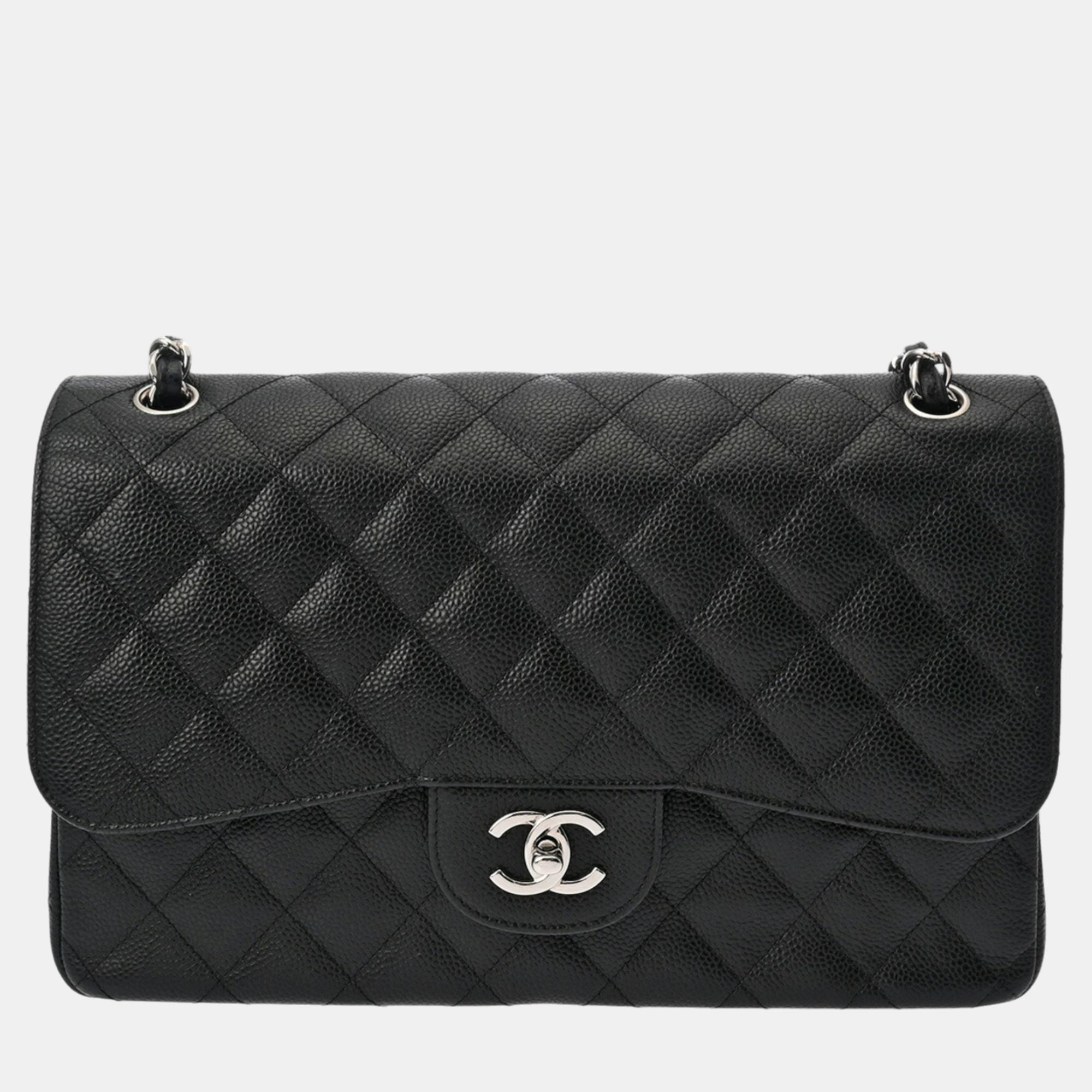 

Chanel Black Caviar Skin Matelasse Chain Shoulder Double Flap  Bag