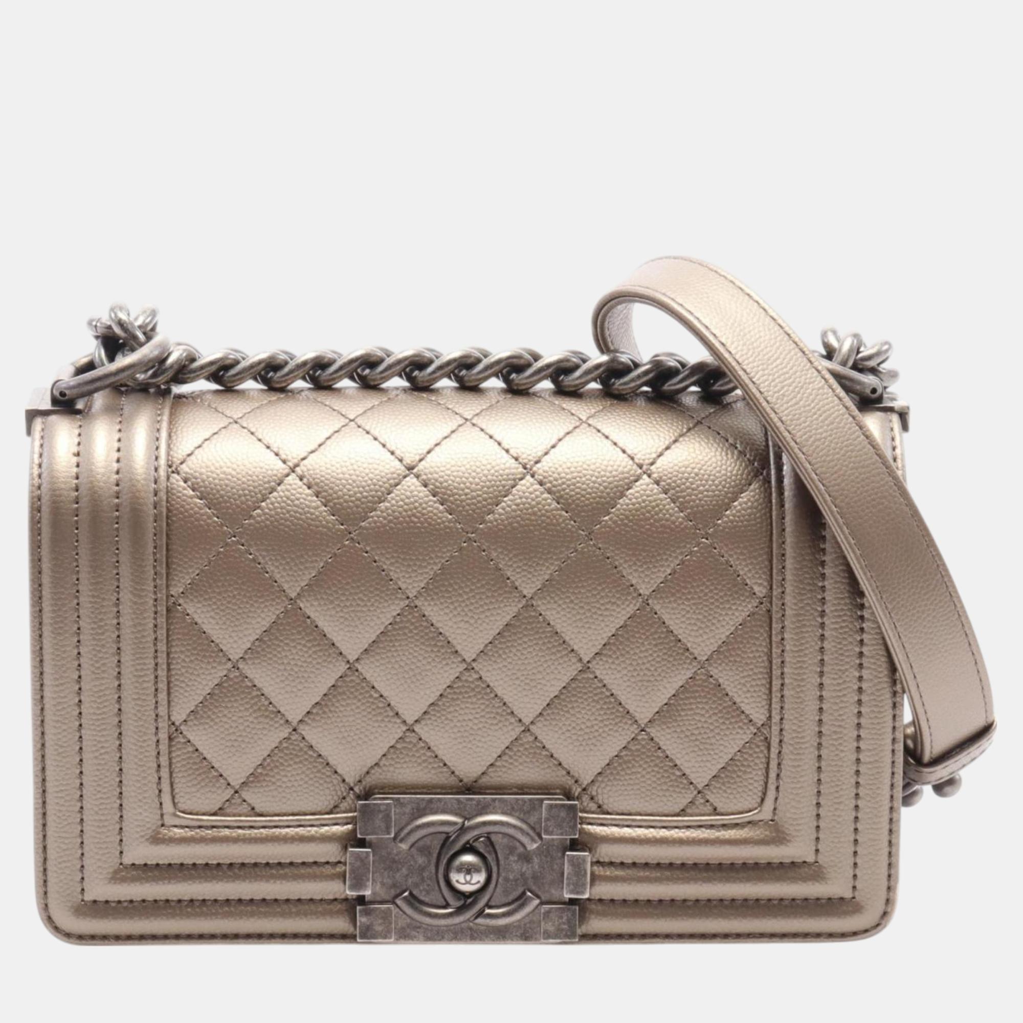 

Chanel Gold Leather Grained Calfskin Boy Chanel Small Matelasse Shoulder Bag