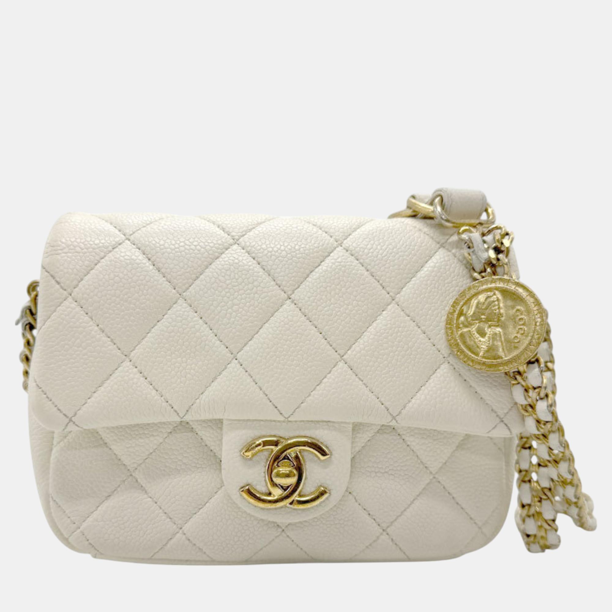 

Chanel Caviar Leather Metal Off-White Gold Matelasse Shoulder Bag