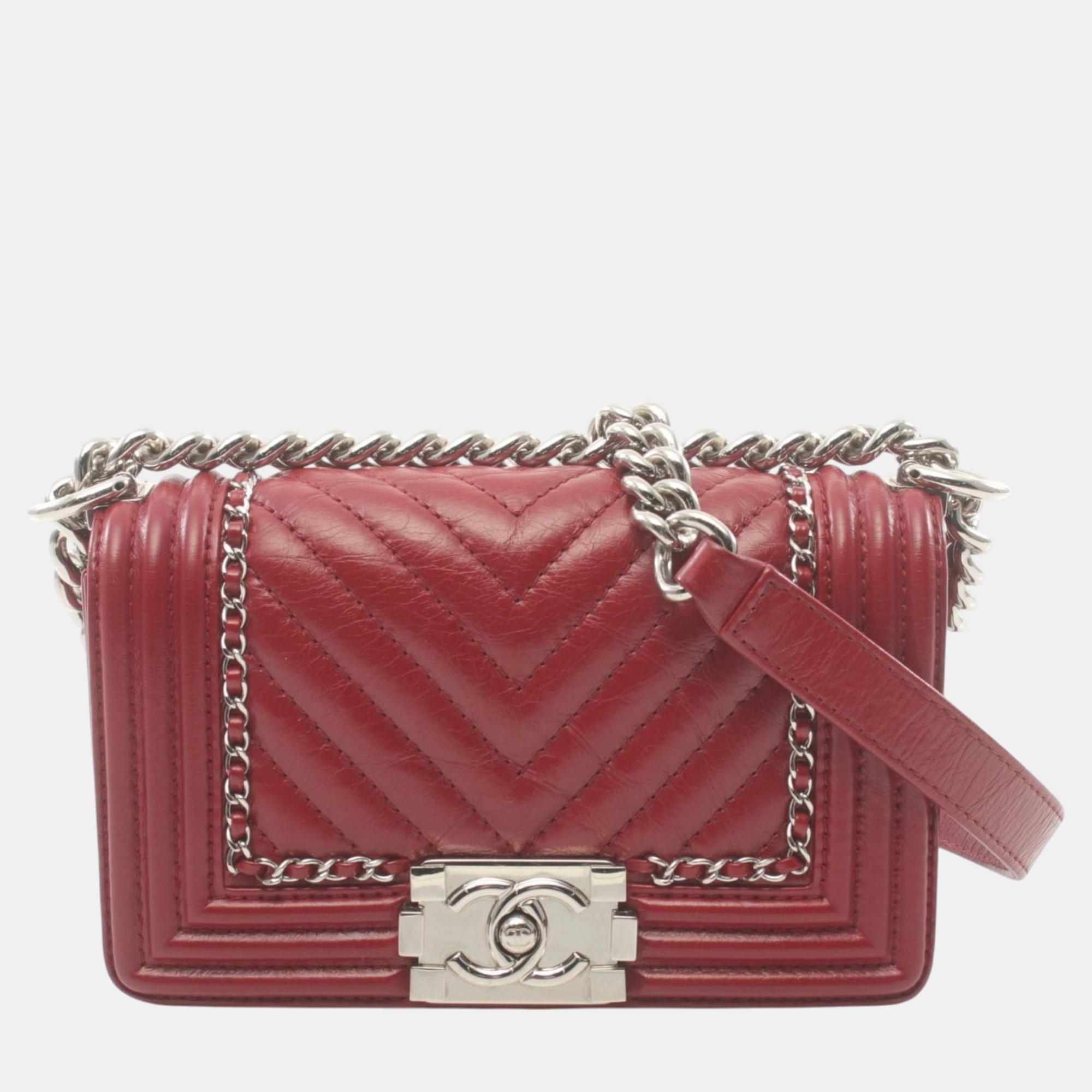 

Chanel Red Leather Boy Chanel Small Chevron V-Stitch Shoulder Bag