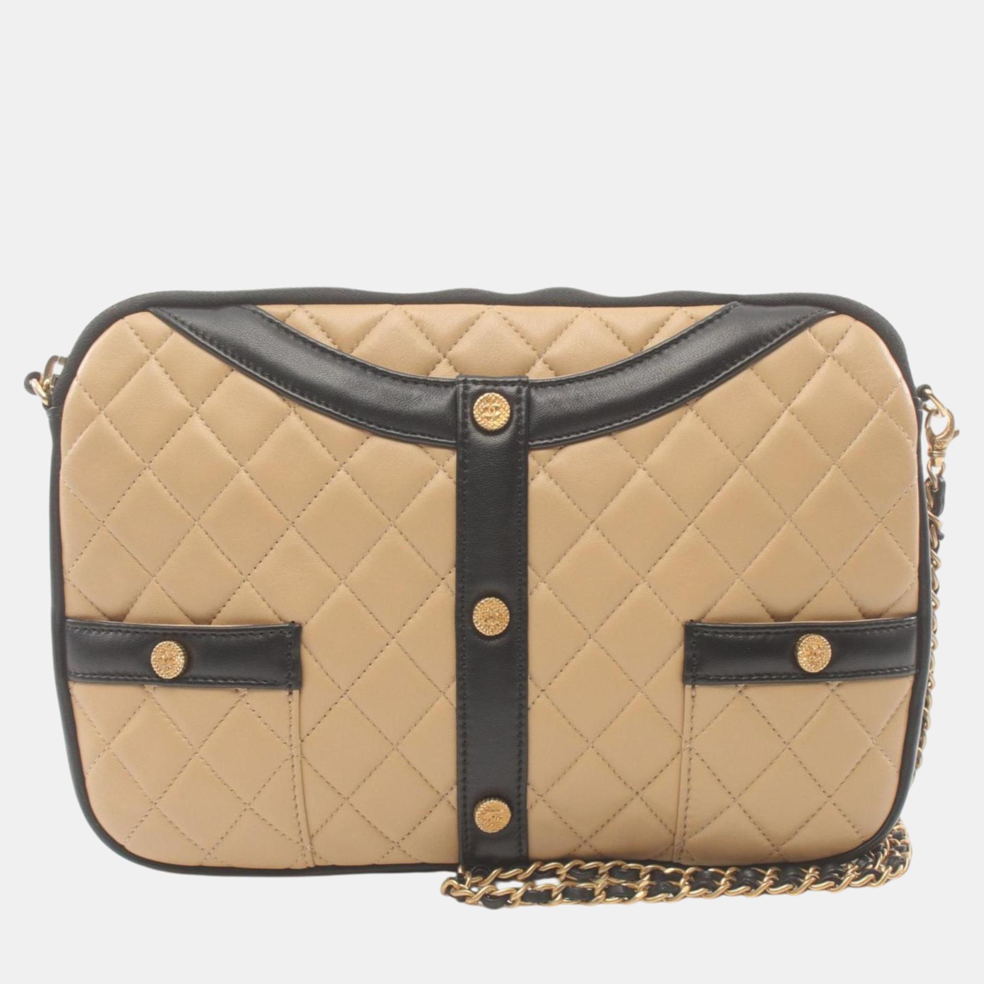 

Chanel Beige Black Lambskin Matelasse Shoulder Bag