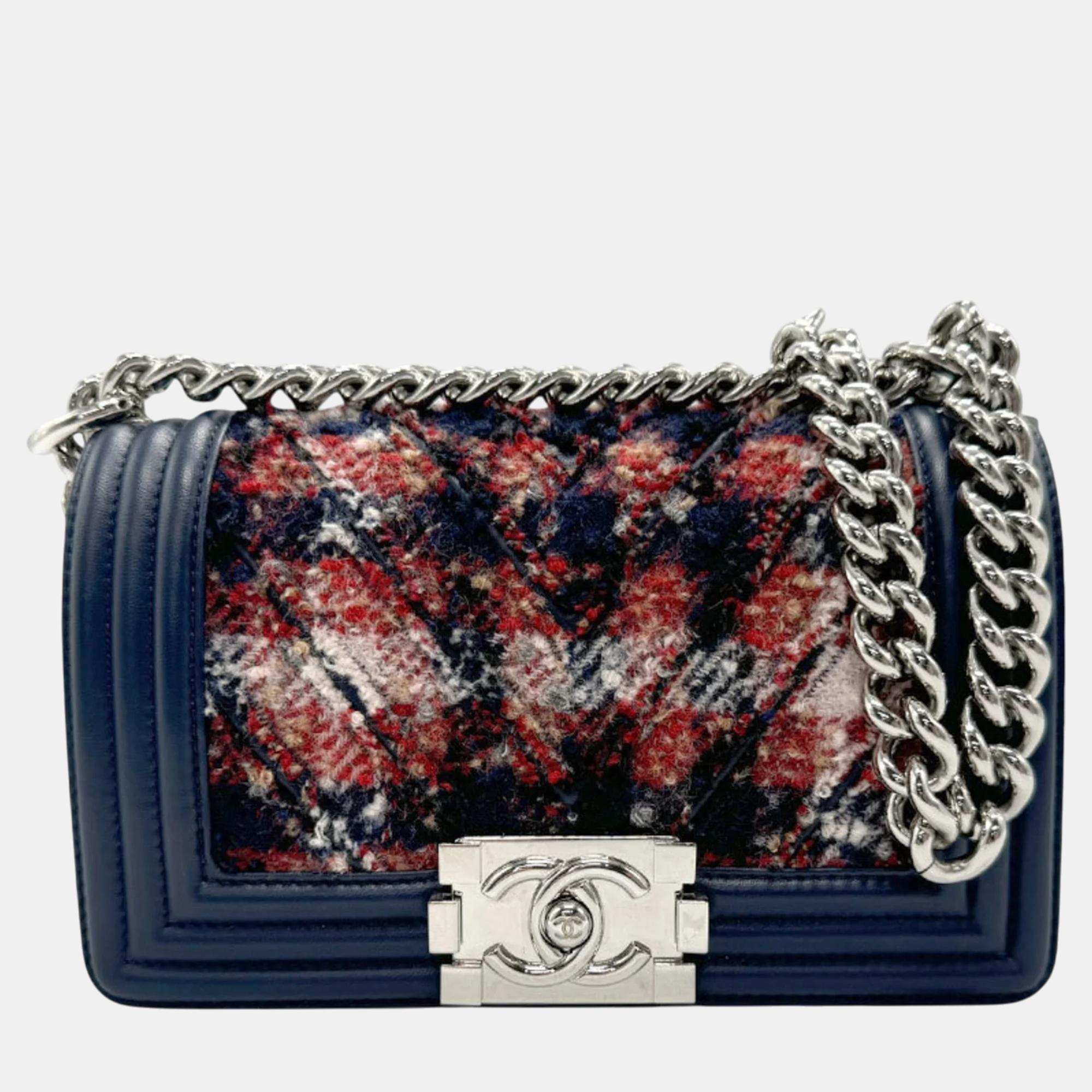 

Chanel Tweed Leather Red Navy Silver Boy Chanel Shoulder Bag, Black