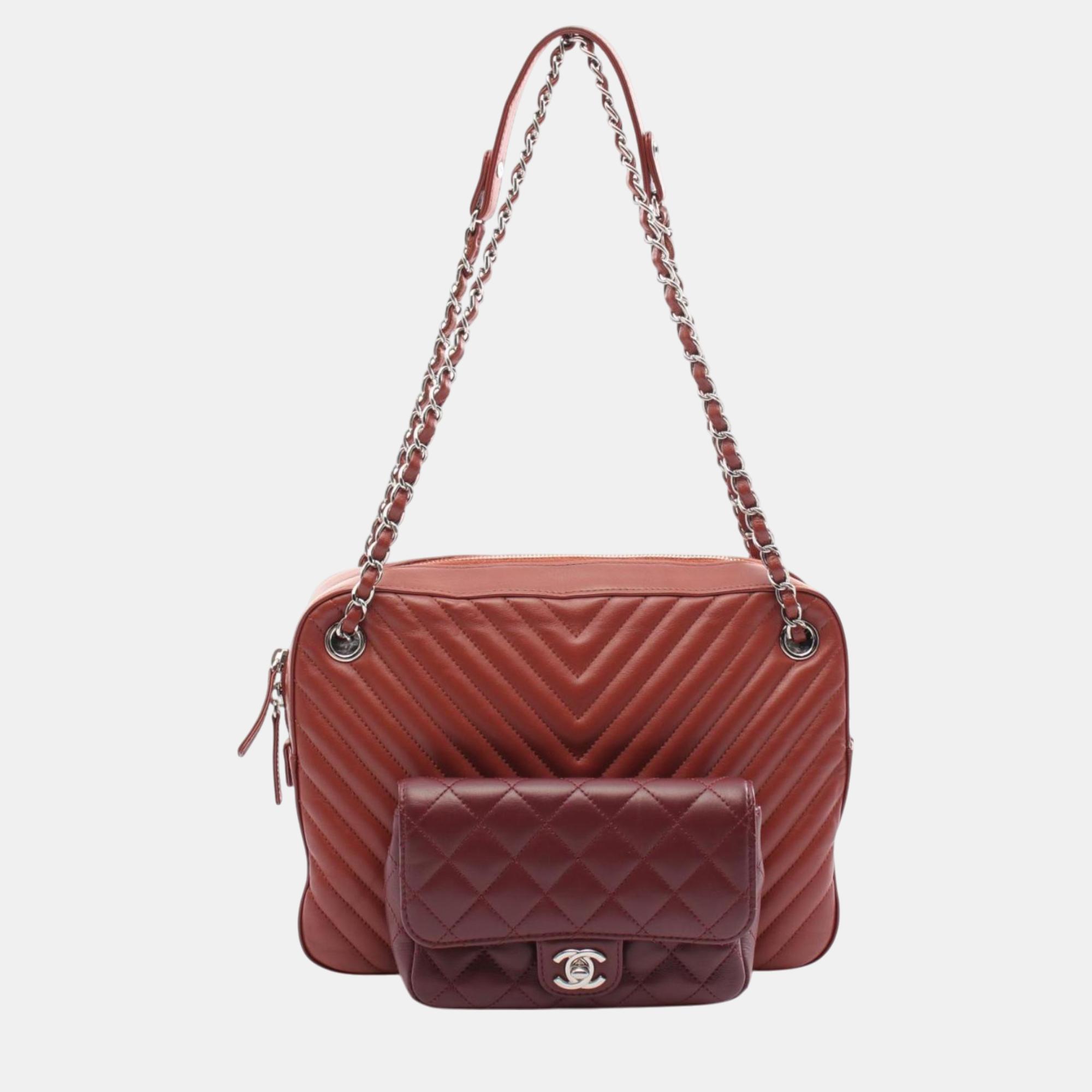 

Chanel Brown Bordeaux Leather V-Stitch Chevron Shoulder Bag, Red