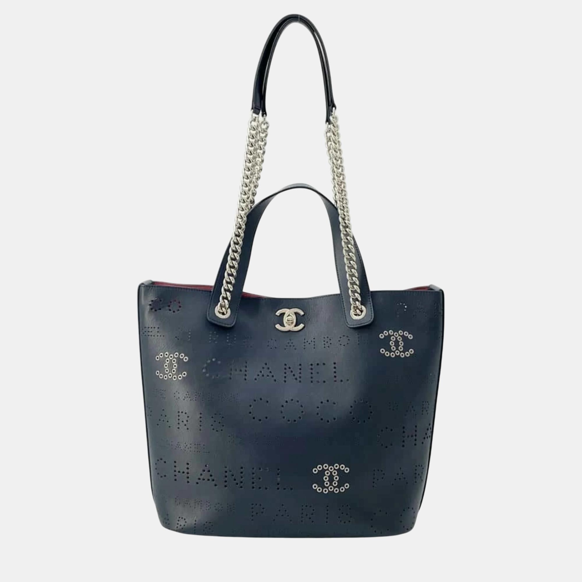 

Chanel Coco Mark Punching Leather Tote Bag, Navy blue