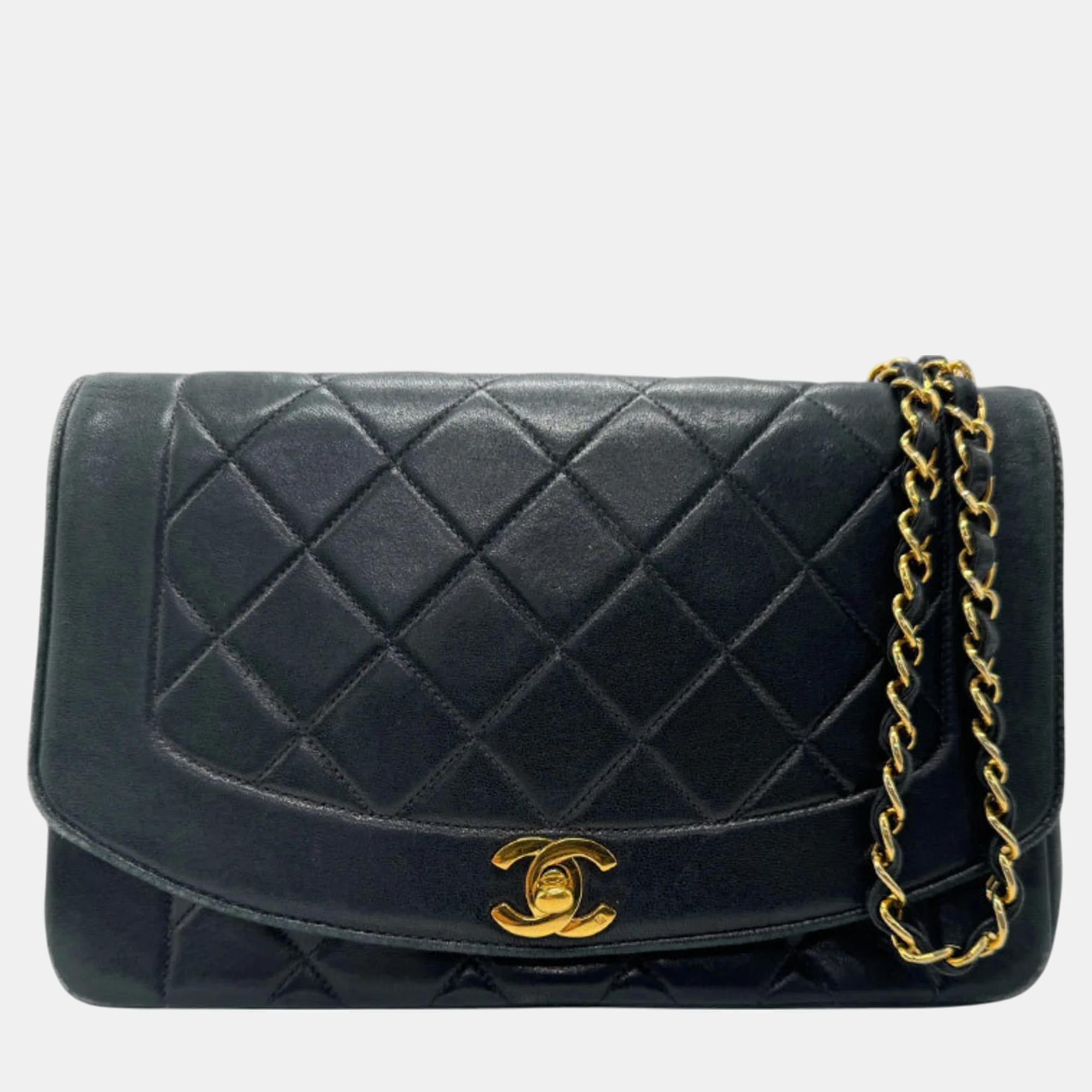 

Chanel Lambskin Navy Gold Diana 25 Shoulder Bag, Navy blue