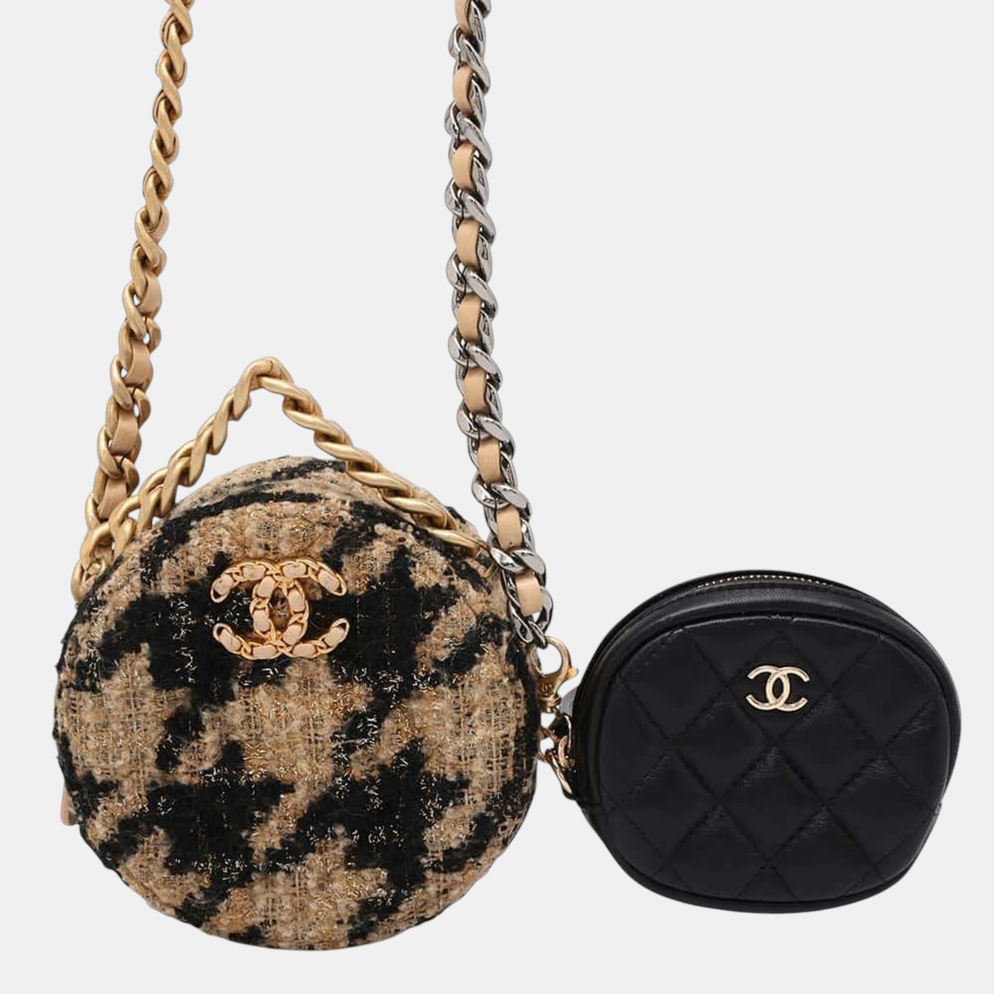 

Chanel Black Houndstooth Tweed Leather Chanel19 Matelasse Round Chain Shoulder Bag