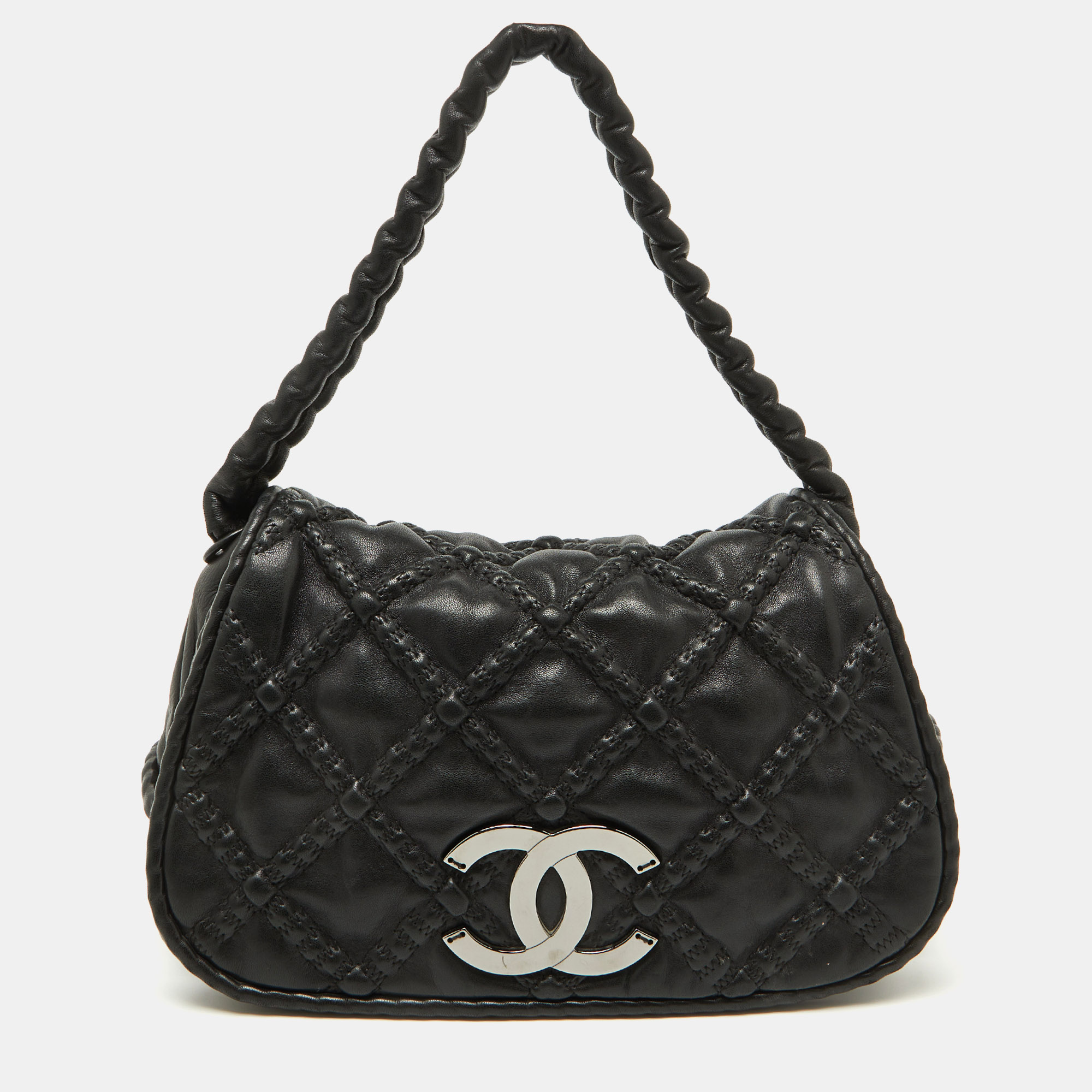 

Chanel Black Leather Hidden Chain CC Logo Flap Bag