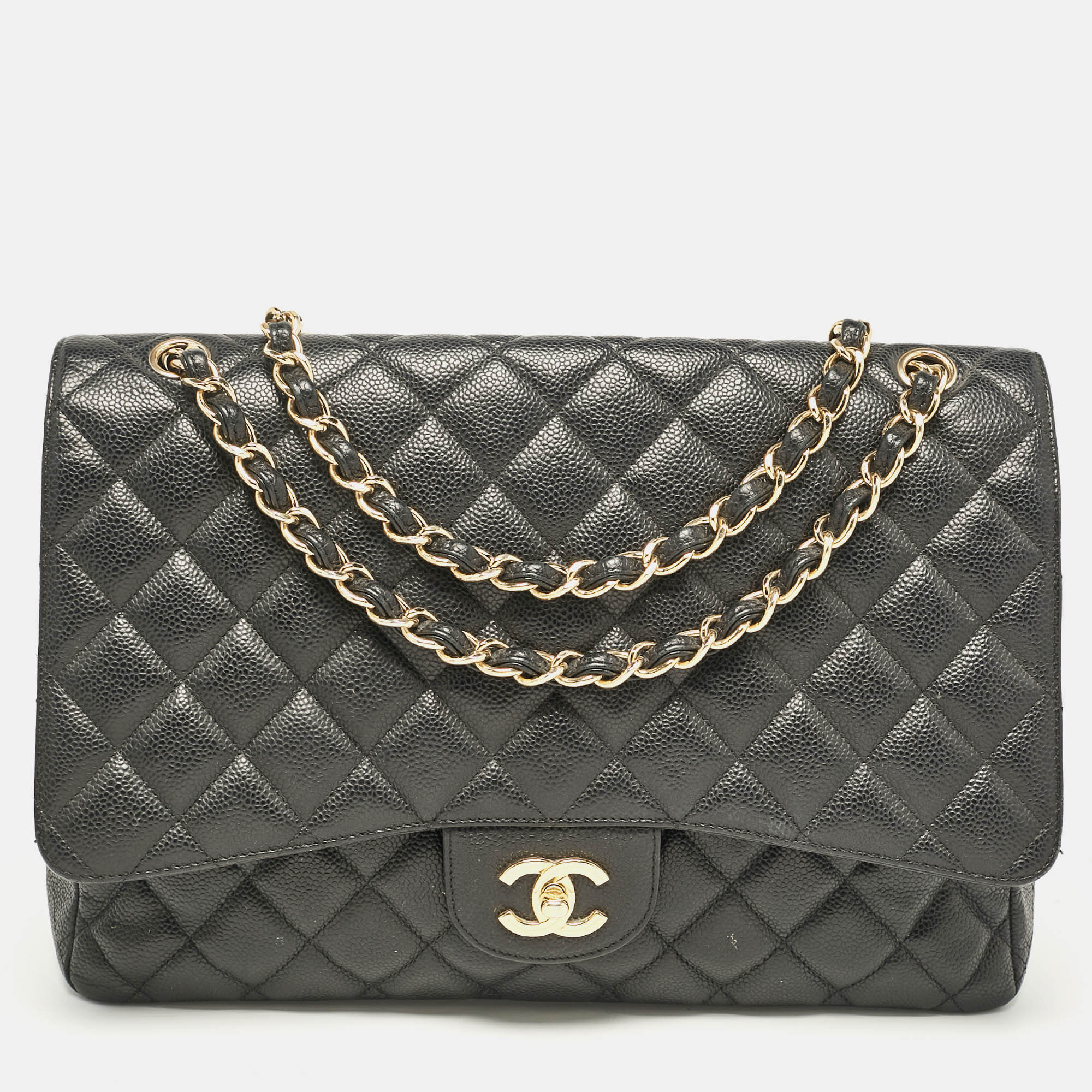 

Chanel Black Quilted Caviar Leather Maxi Classic Single Flap Bag