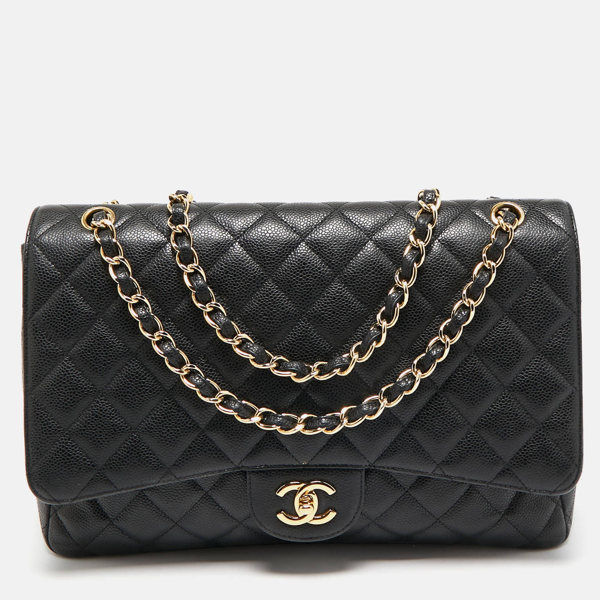 

Chanel Black Quilted Caviar Leather Maxi Classic Single Flap Bag