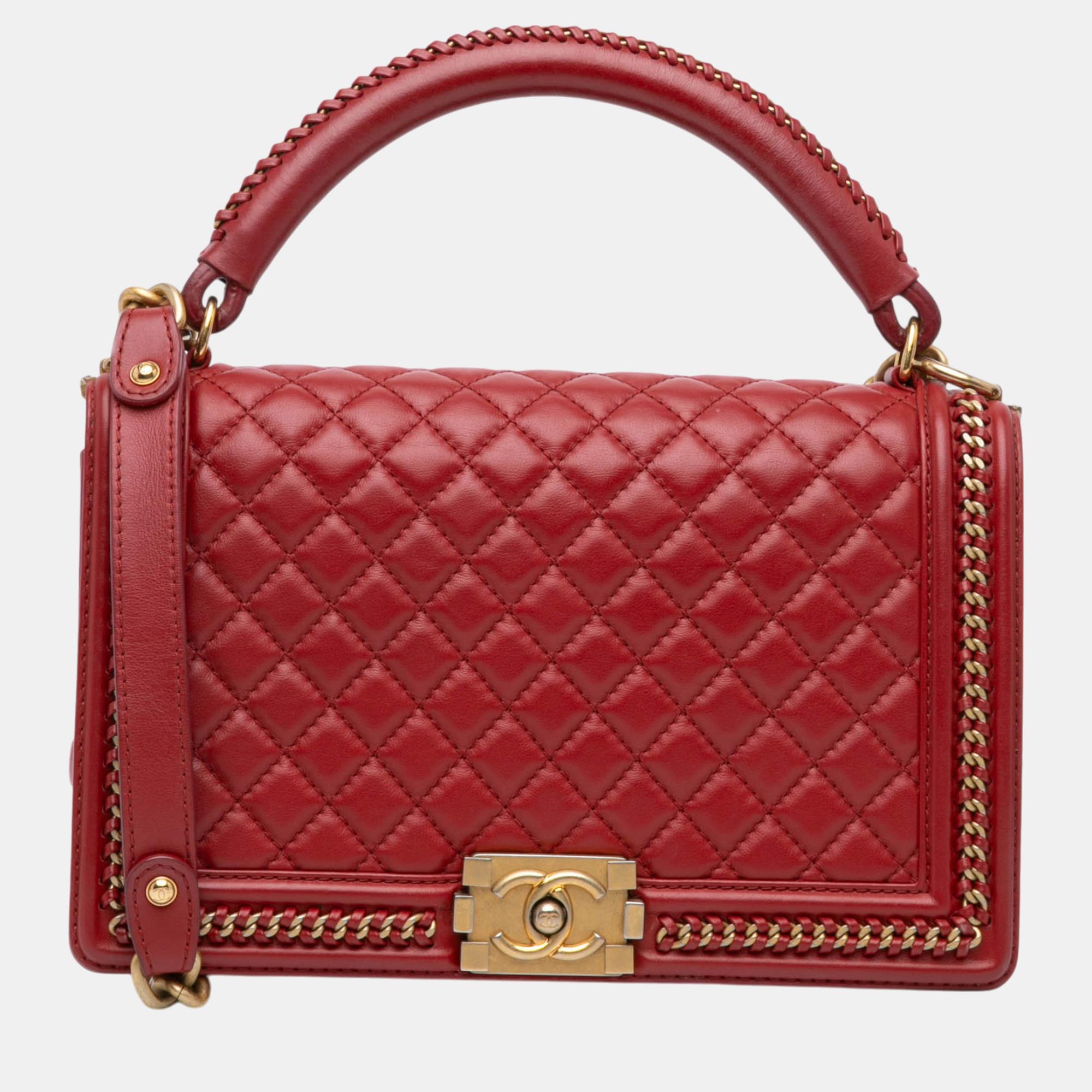 

Chanel Red Large Calfskin Boy Chain Around Top Handle Flap