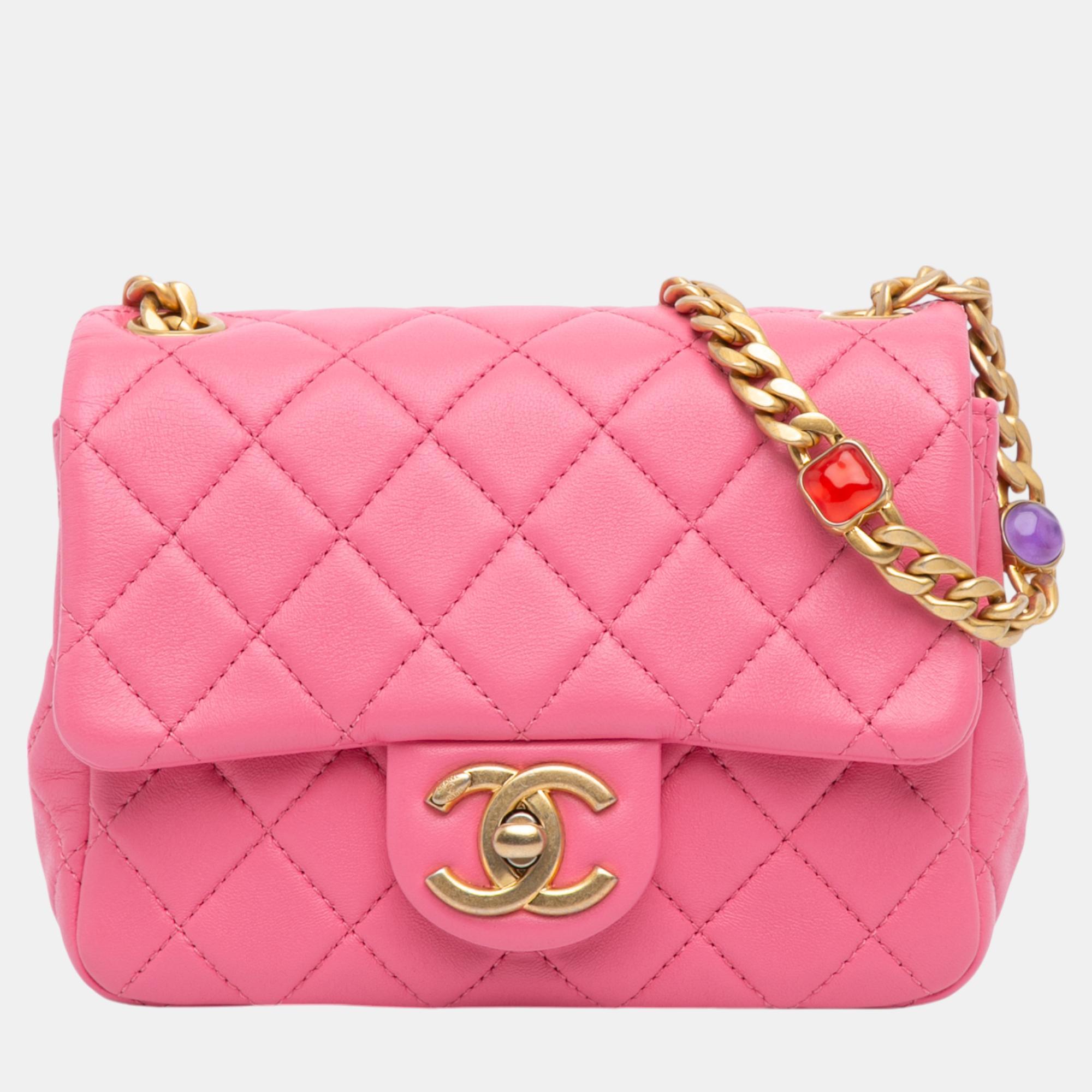 

Chanel Pink Mini Square Lambskin Pearl Samba Flap