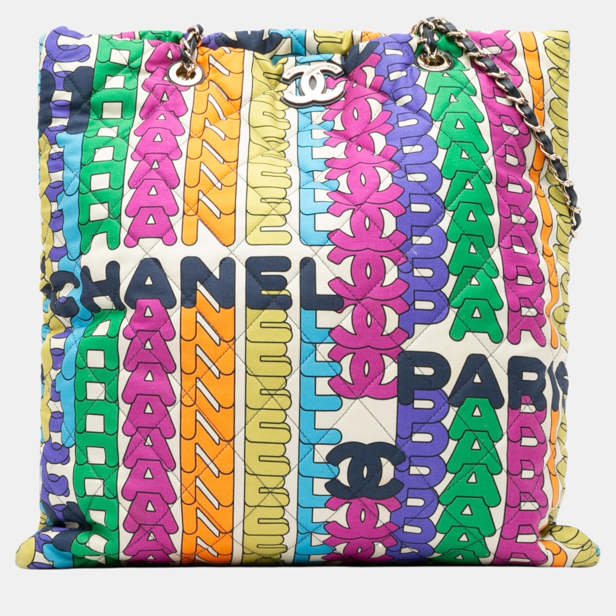 

Chanel Multicolor Quilted Printed Nylon Logo Shopping Tote