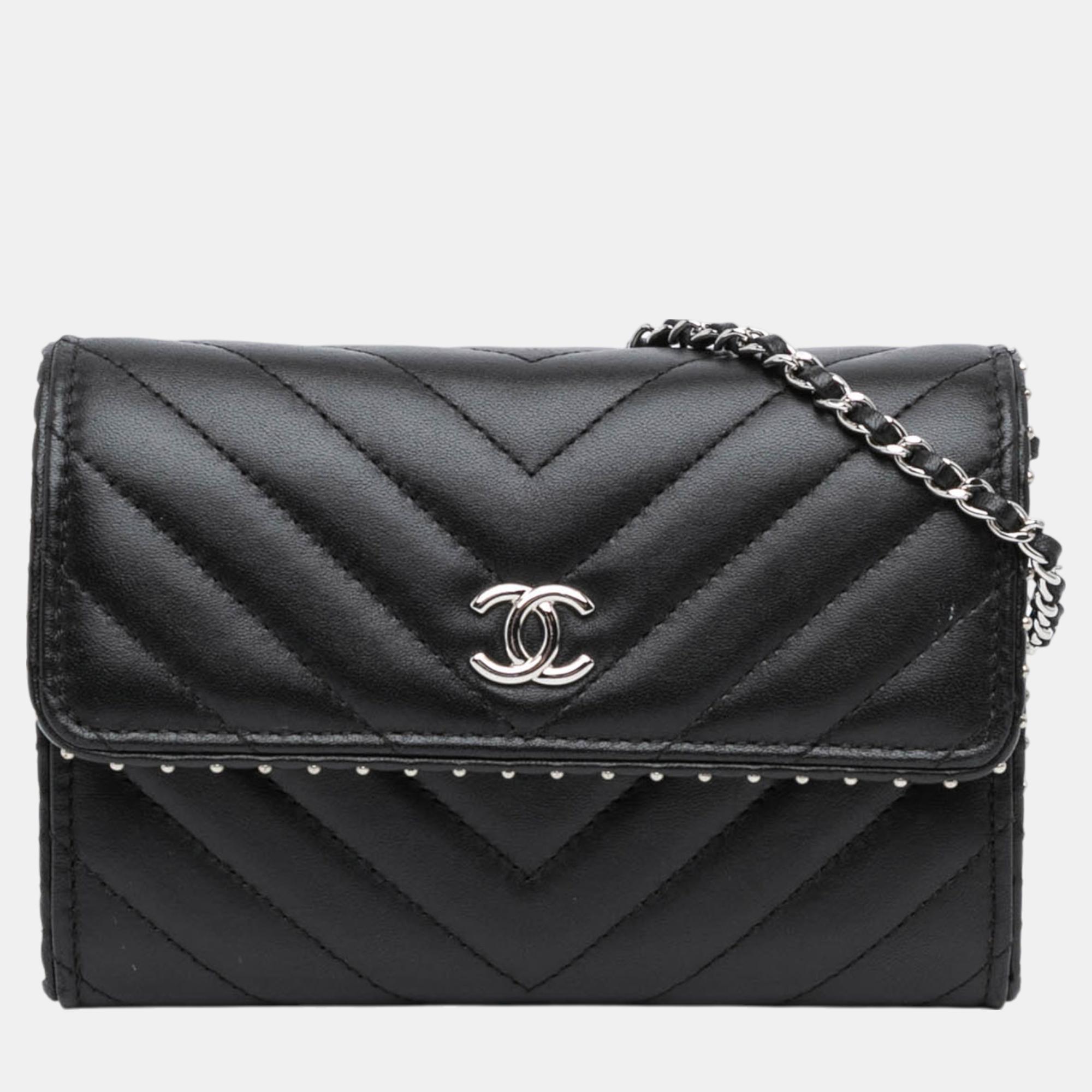 

Chanel Black CC Chevron Lambskin Studded Wallet On Chain