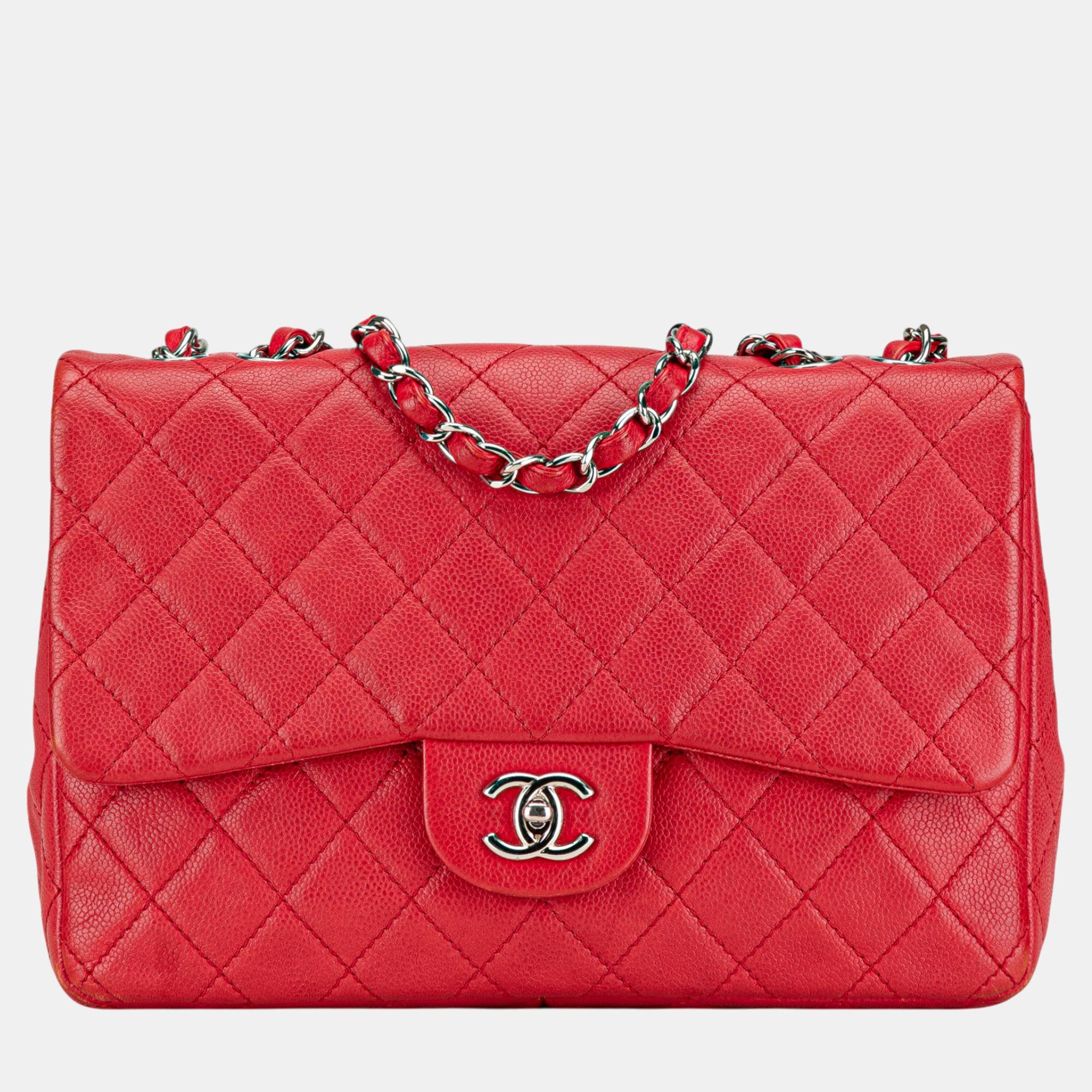 

Chanel Red Jumbo Classic Caviar Single Flap