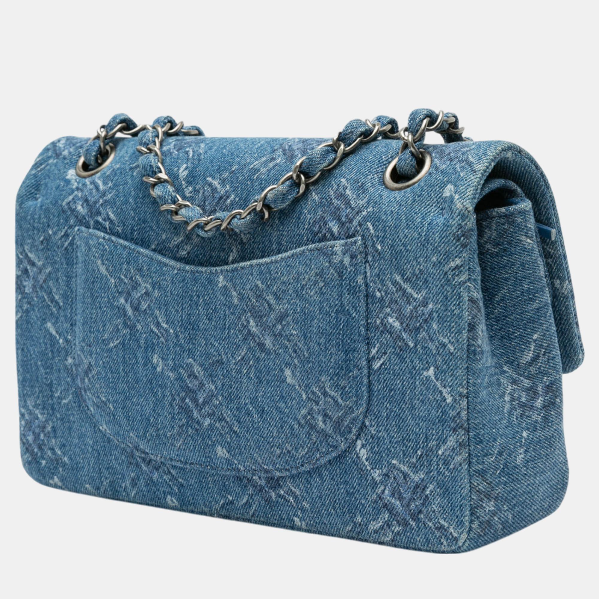Chanel Blue Medium Classic Printed Denim Double Flap 