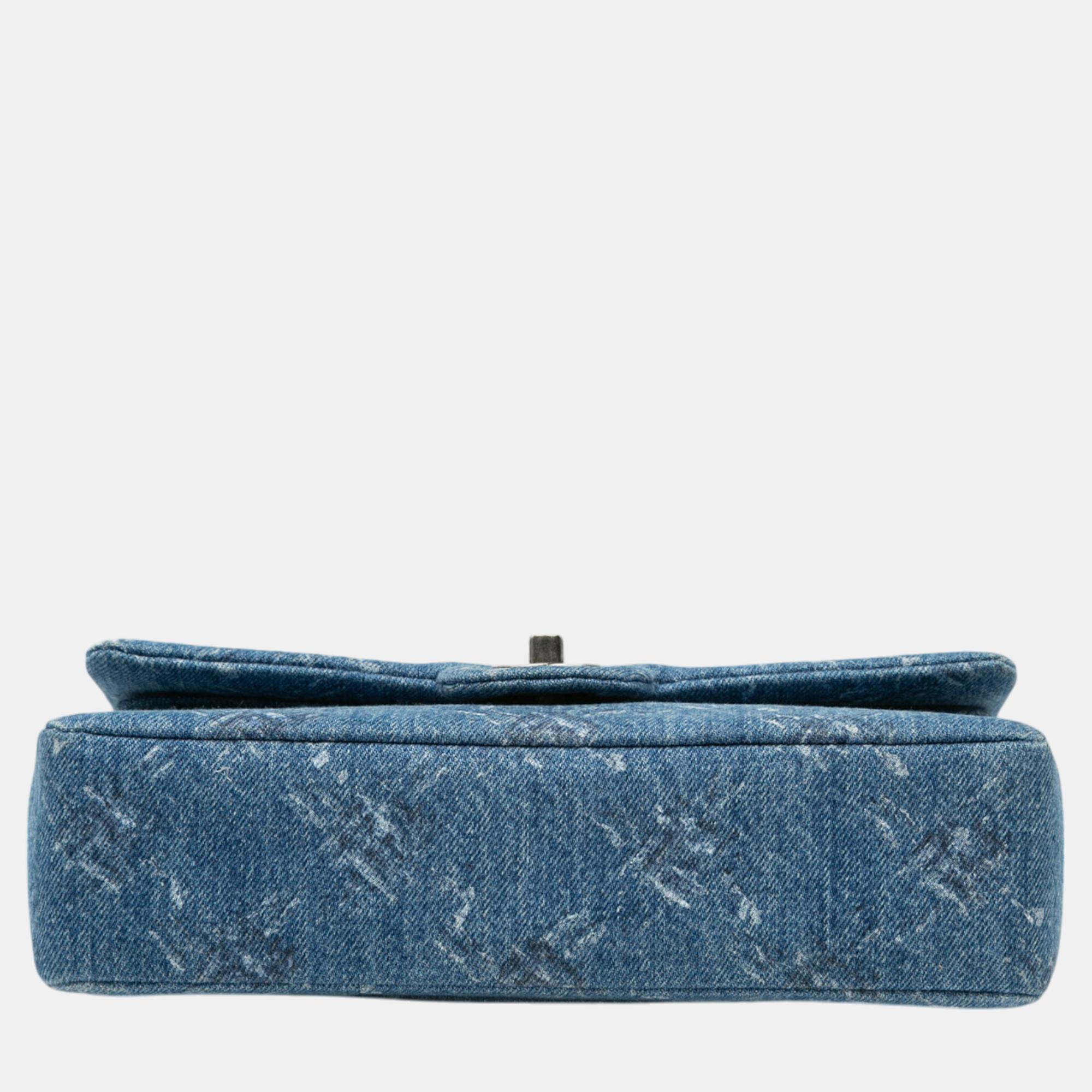 Chanel Blue Medium Classic Printed Denim Double Flap 