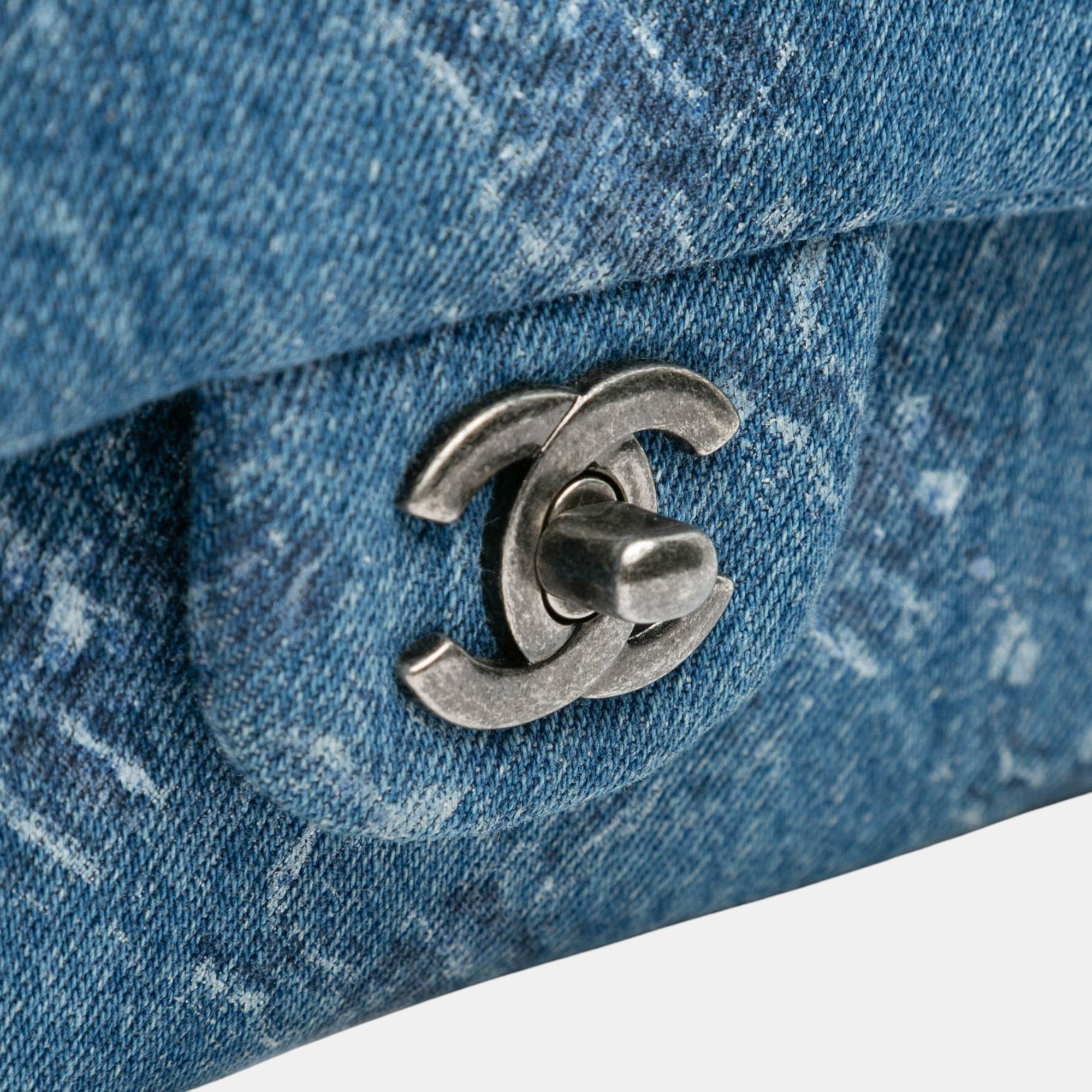 Chanel Blue Medium Classic Printed Denim Double Flap 