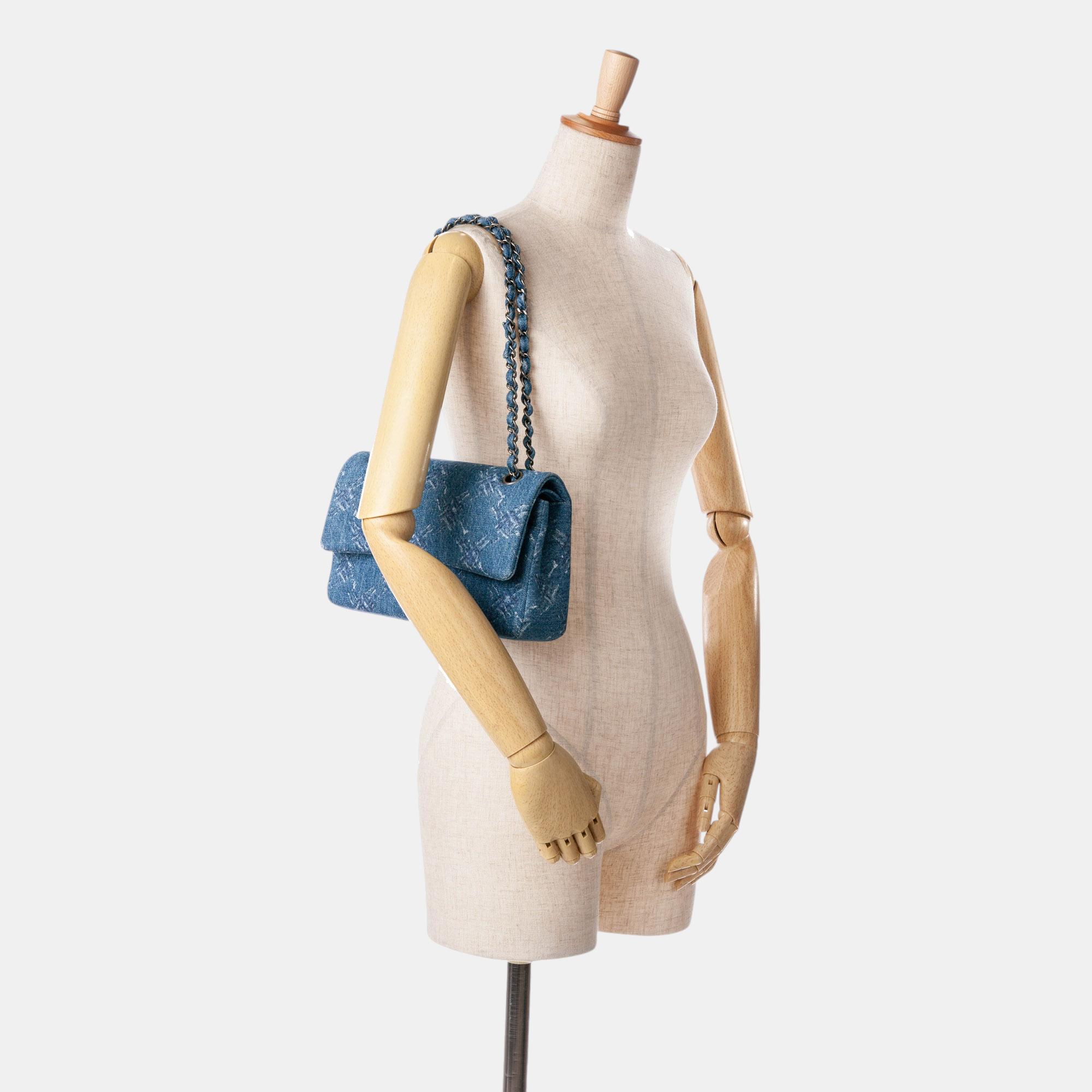 Chanel Blue Medium Classic Printed Denim Double Flap 