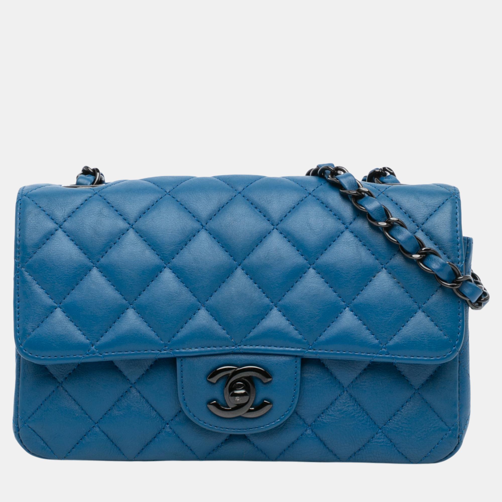 

Chanel Blue Lambskin Mini Rectangular Classic Single Flap Bag