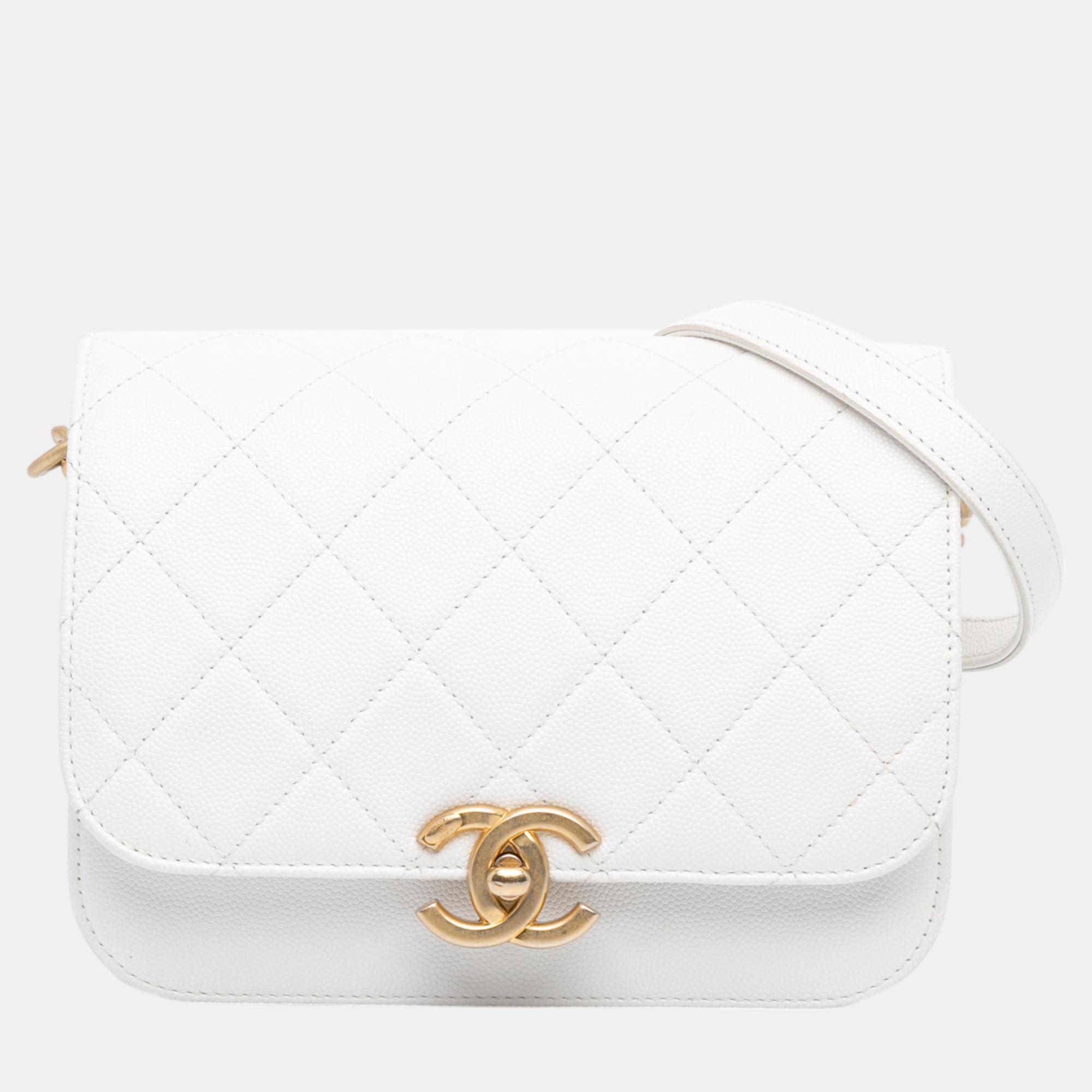 

Chanel White CC Quilted Caviar Flap Crossbody