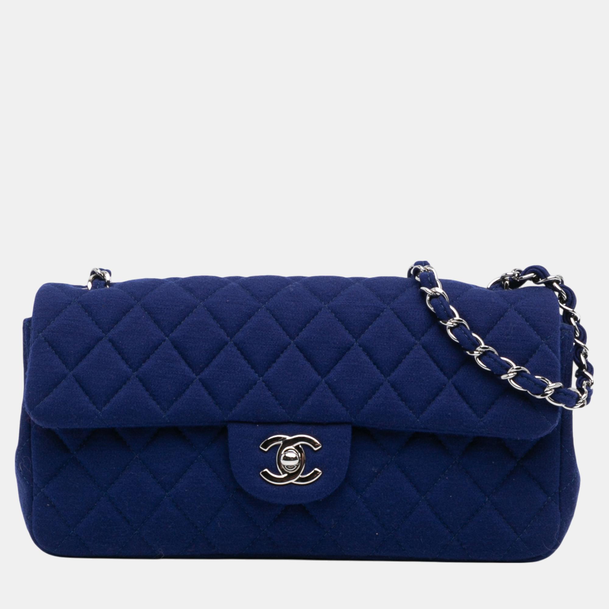 

Chanel Blue Quilted Jersey East West Single Flap