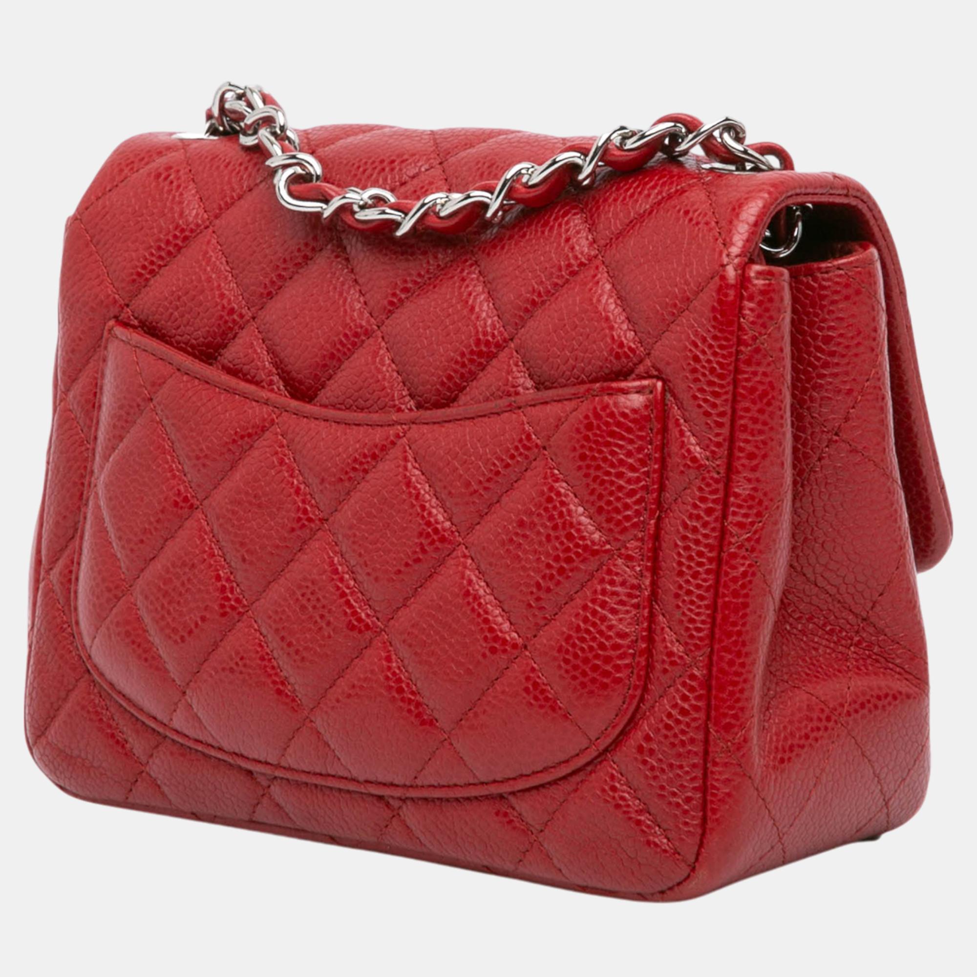Chanel Red Mini Square Classic Caviar Single Flap 