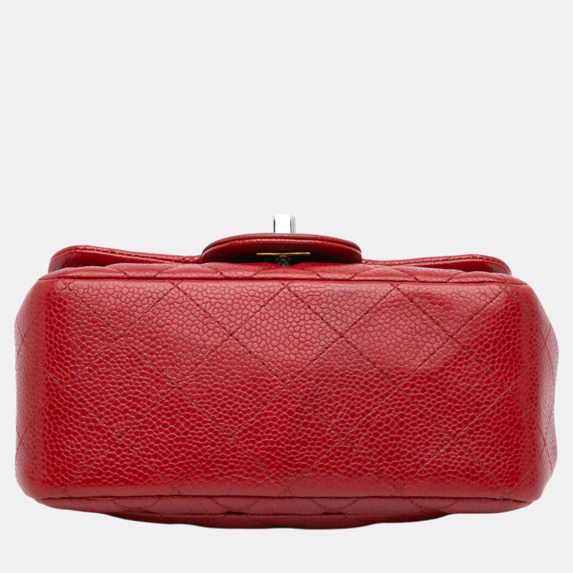 Chanel Red Mini Square Classic Caviar Single Flap 