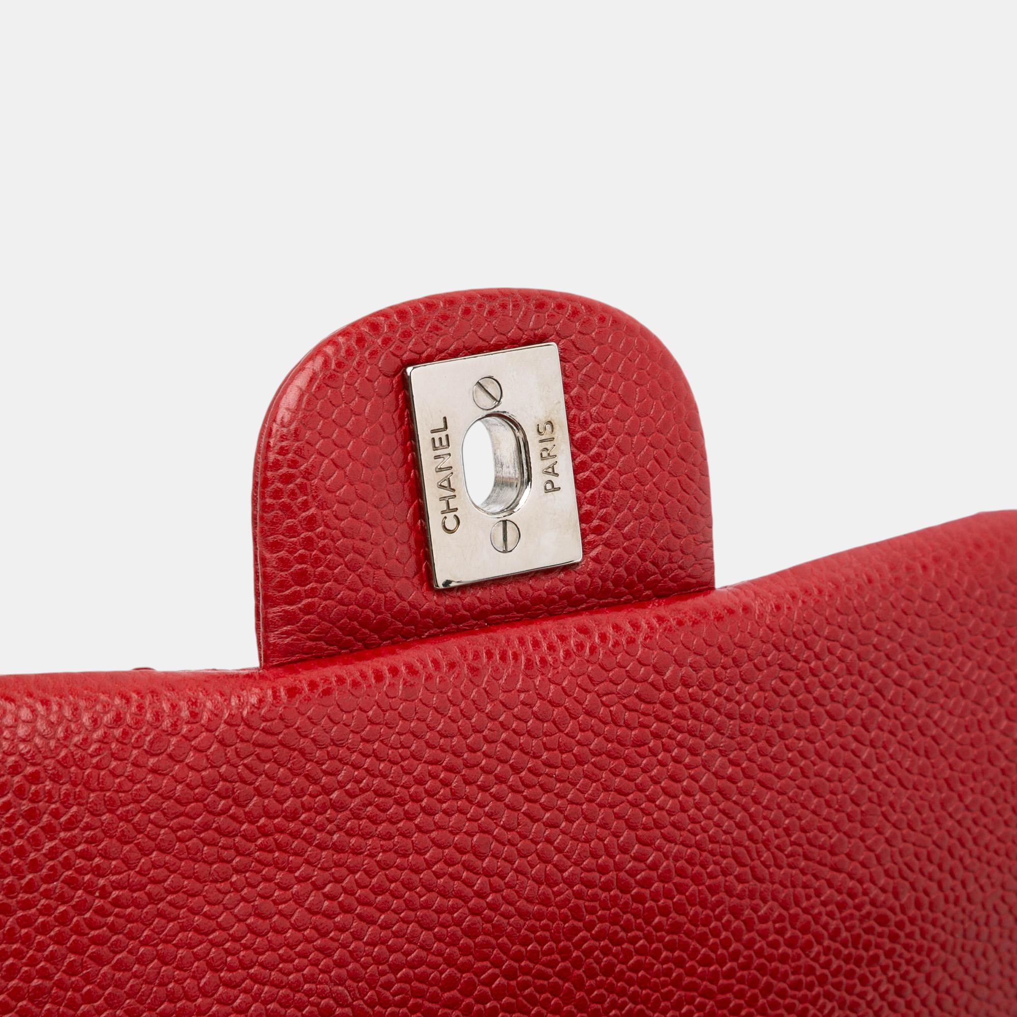 Chanel Red Mini Square Classic Caviar Single Flap 