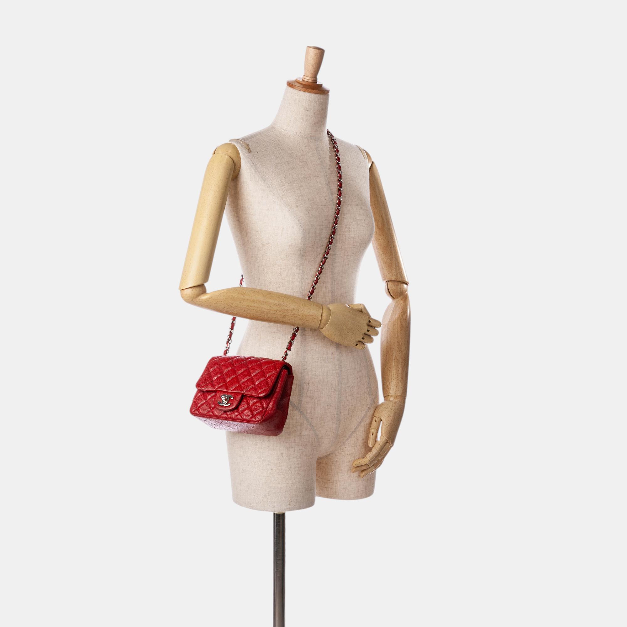 Chanel Red Mini Square Classic Caviar Single Flap 