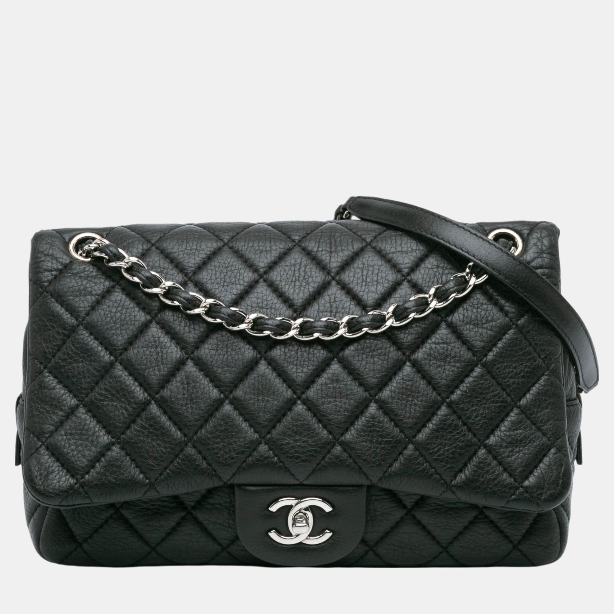 

Chanel Black Jumbo Quilted Deerskin Casual Journey Flap