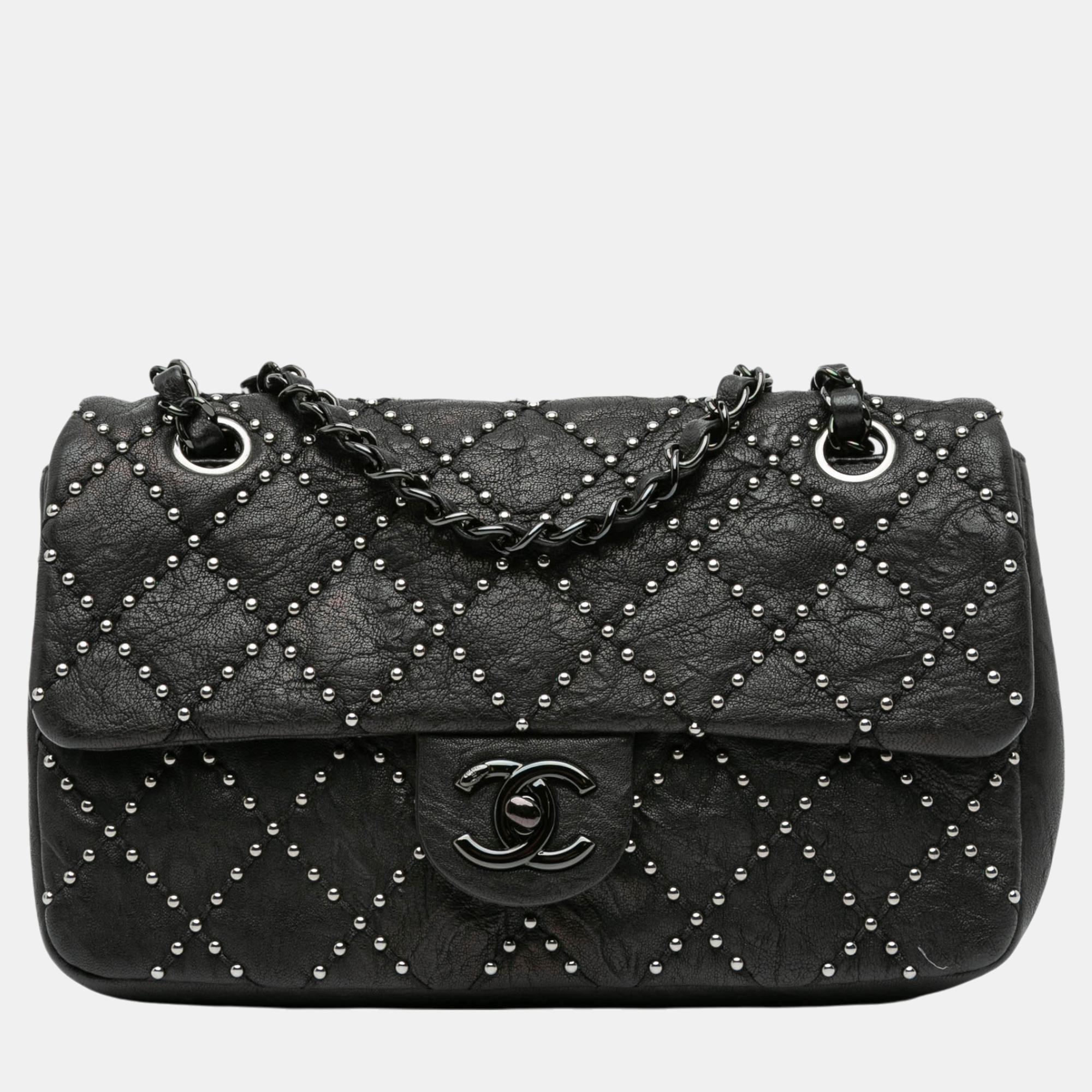 

Chanel Black Washed Lambskin Studded Metal Beauty Flap