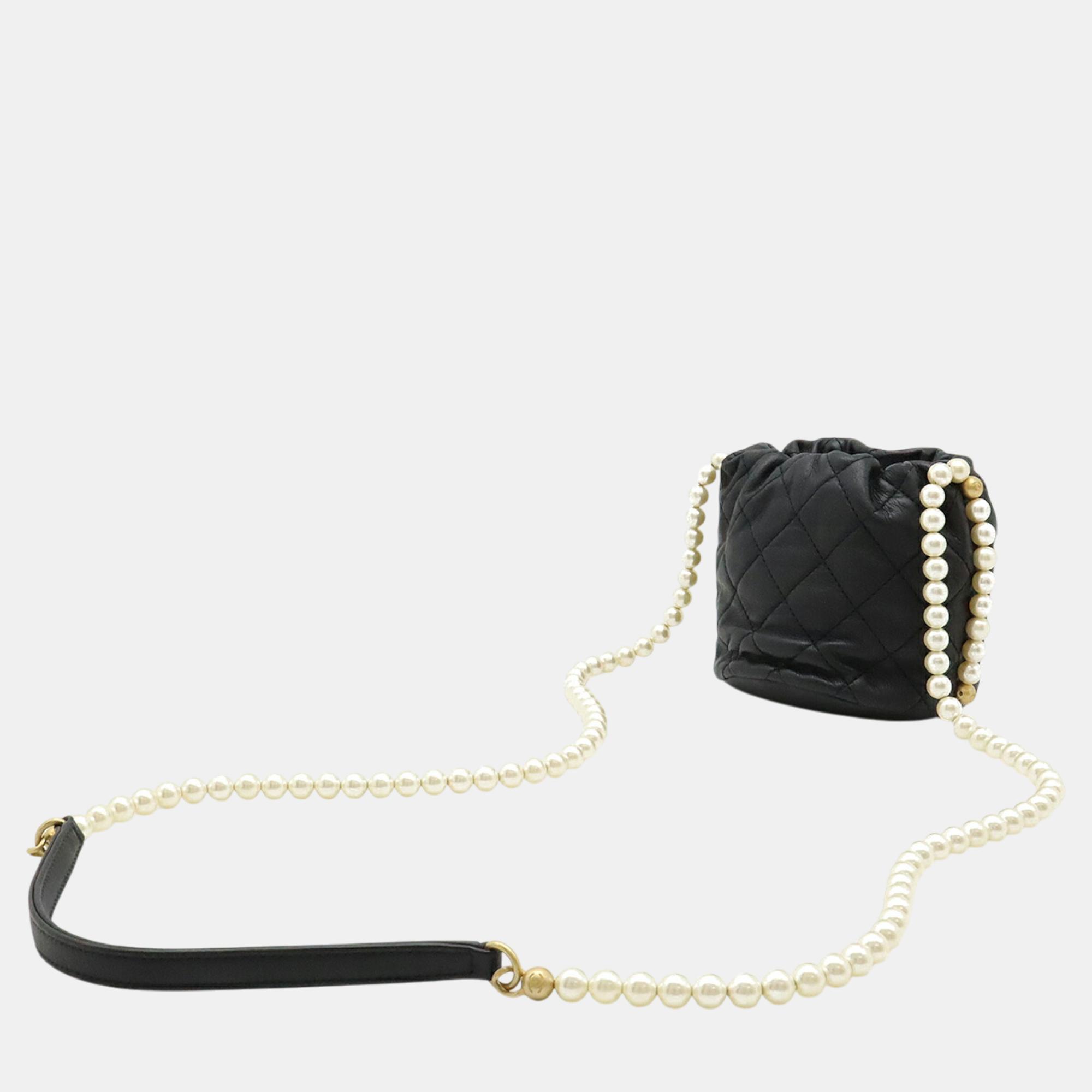 Chanel Black Leather Faux Pearl Chain Shoulder Bag 