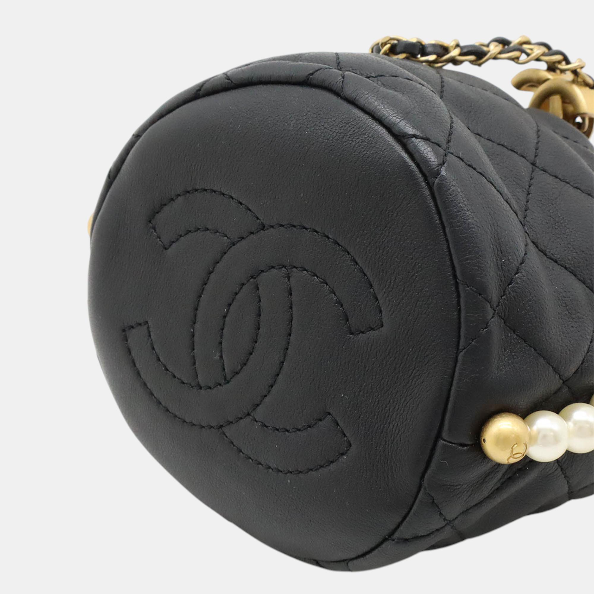 Chanel Black Leather Faux Pearl Chain Shoulder Bag 