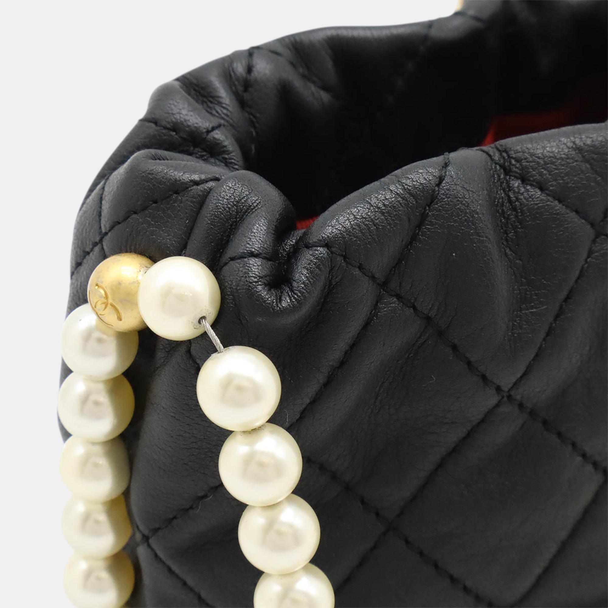 Chanel Black Leather Faux Pearl Chain Shoulder Bag 