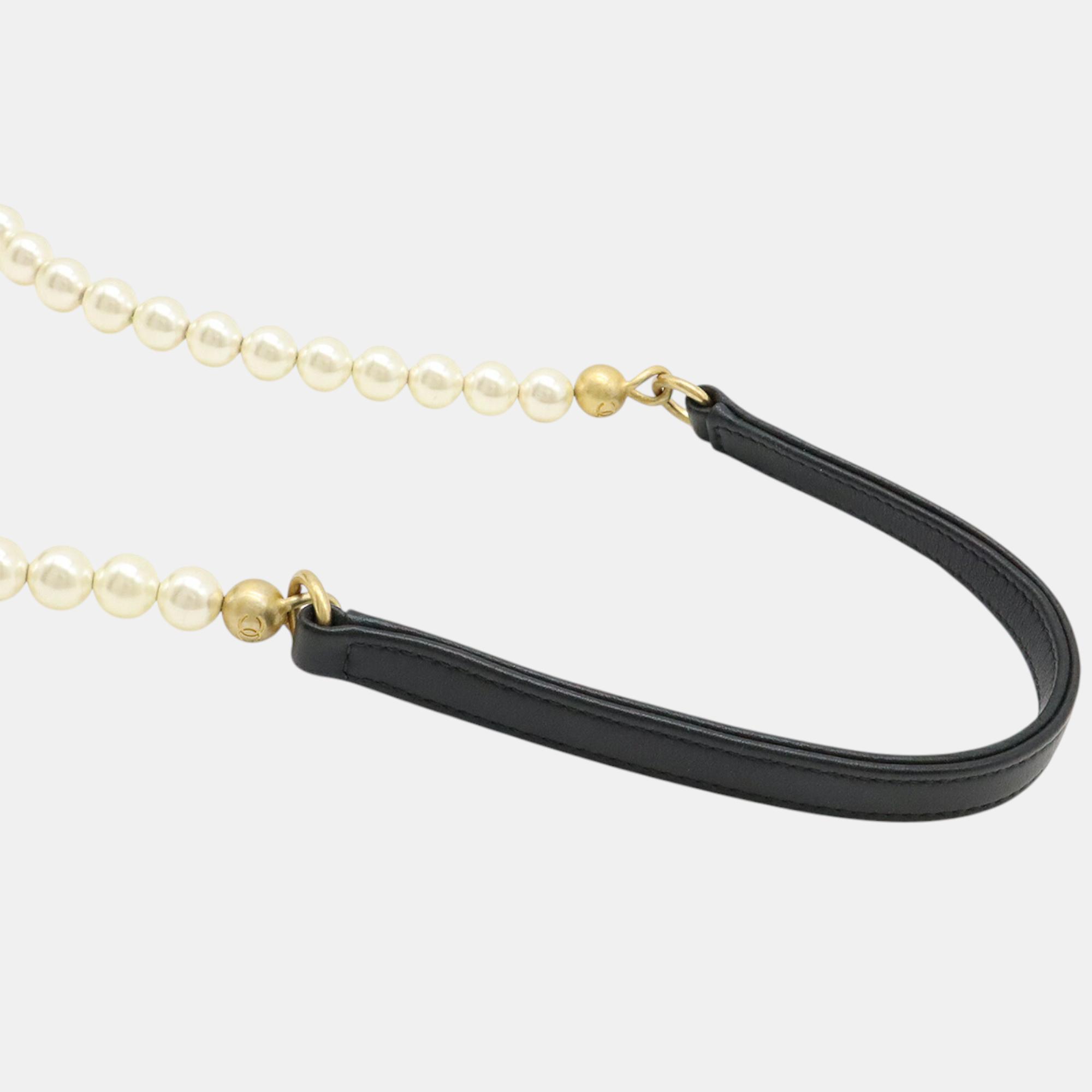 Chanel Black Leather Faux Pearl Chain Shoulder Bag 