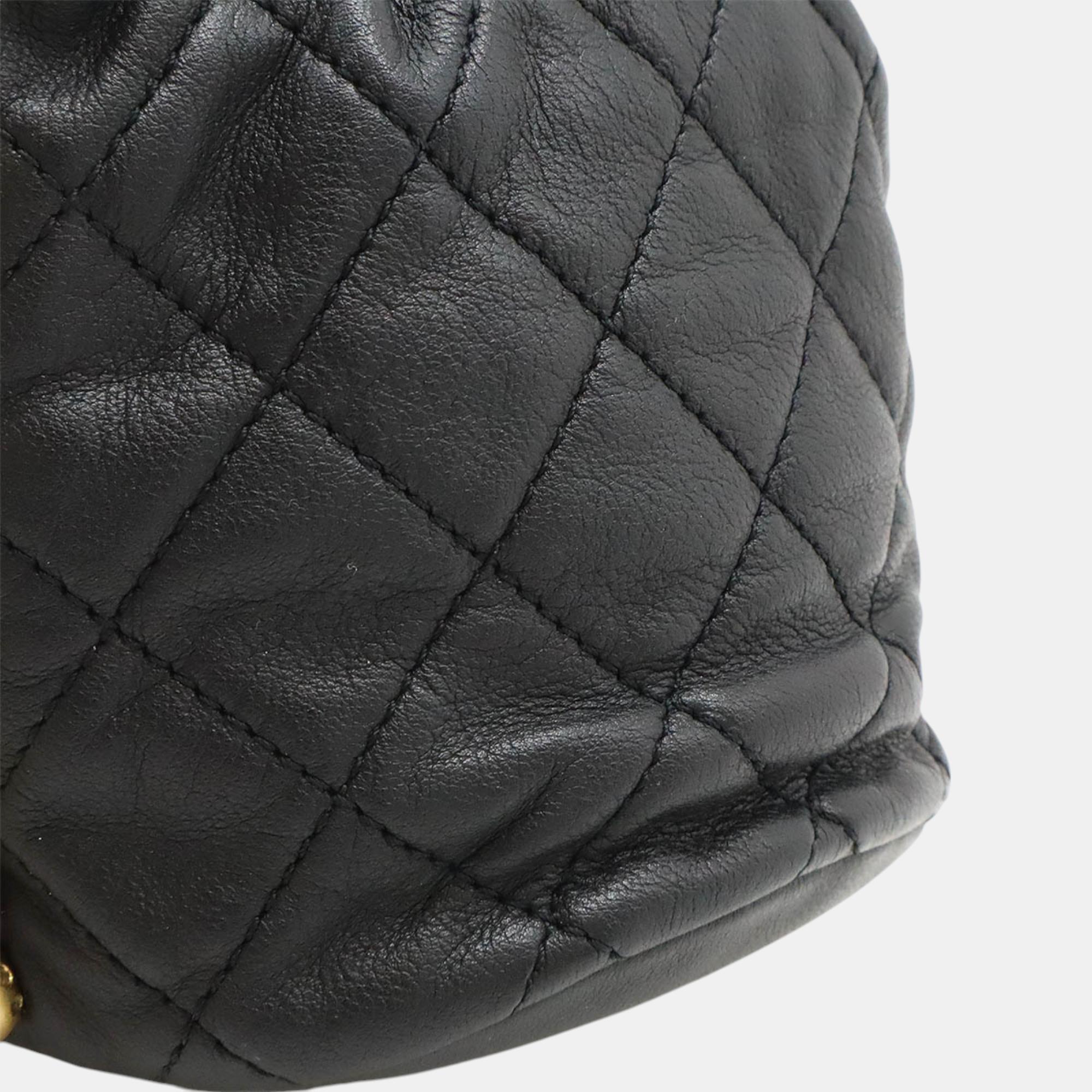 Chanel Black Leather Faux Pearl Chain Shoulder Bag 