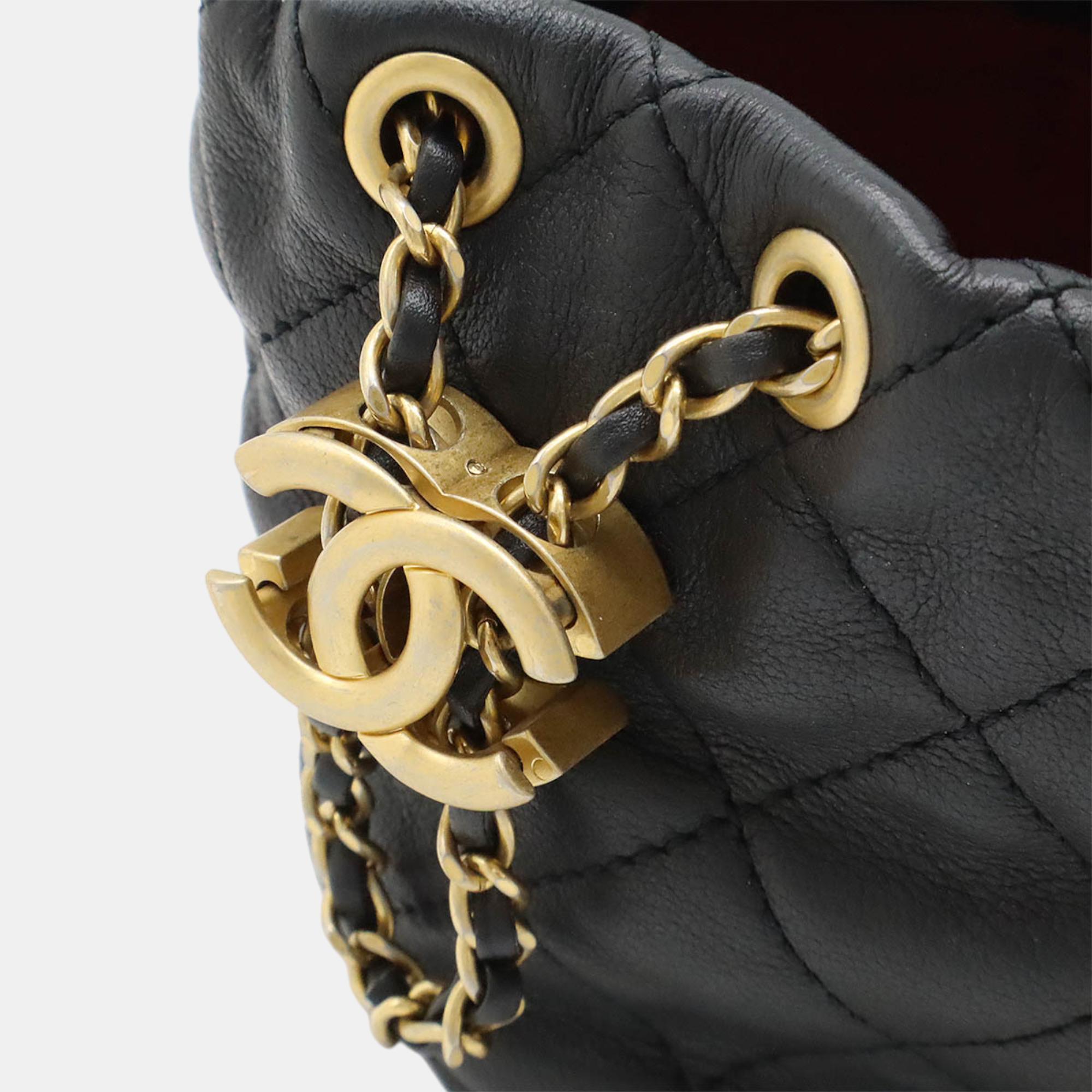 Chanel Black Leather Faux Pearl Chain Shoulder Bag 