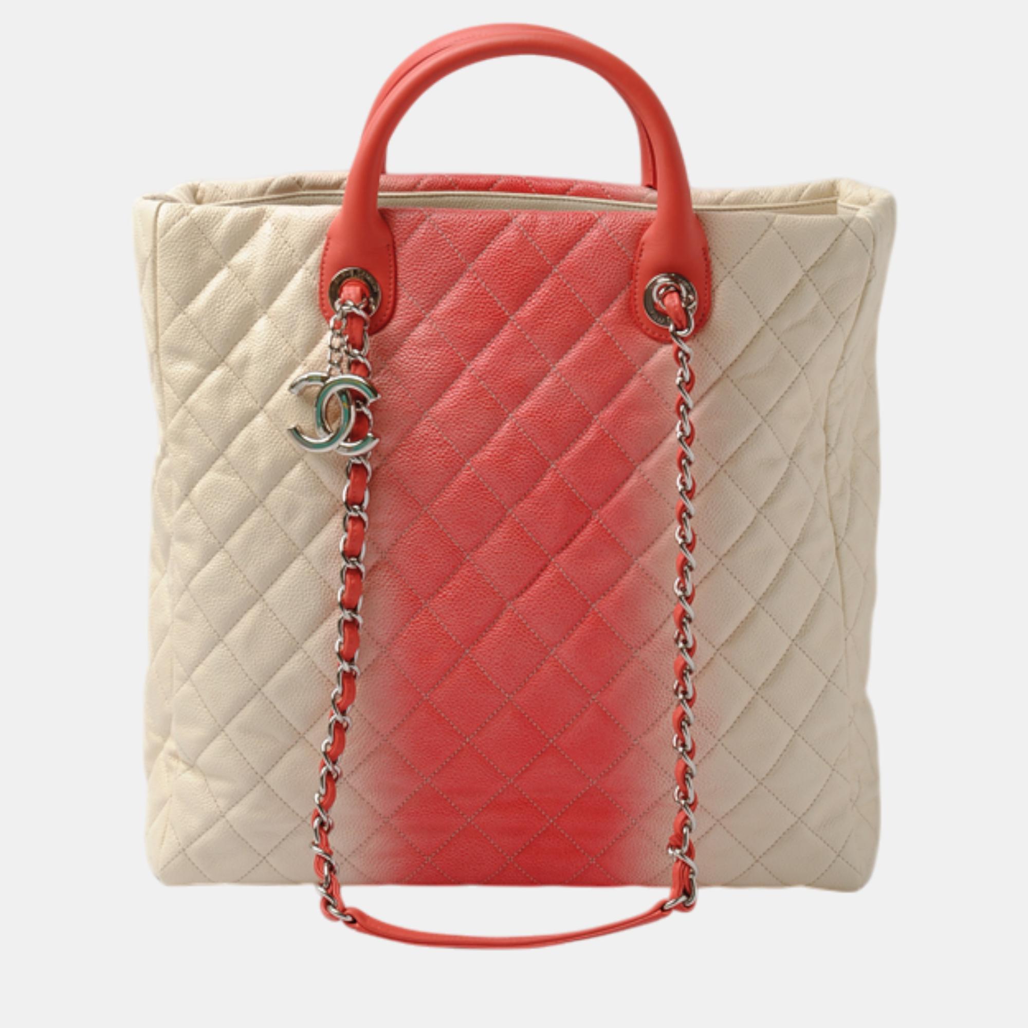 

Chanel Coral Pink/Ivory Pink Leather Caviar Skin Tote/Shoulder Bag, Cream