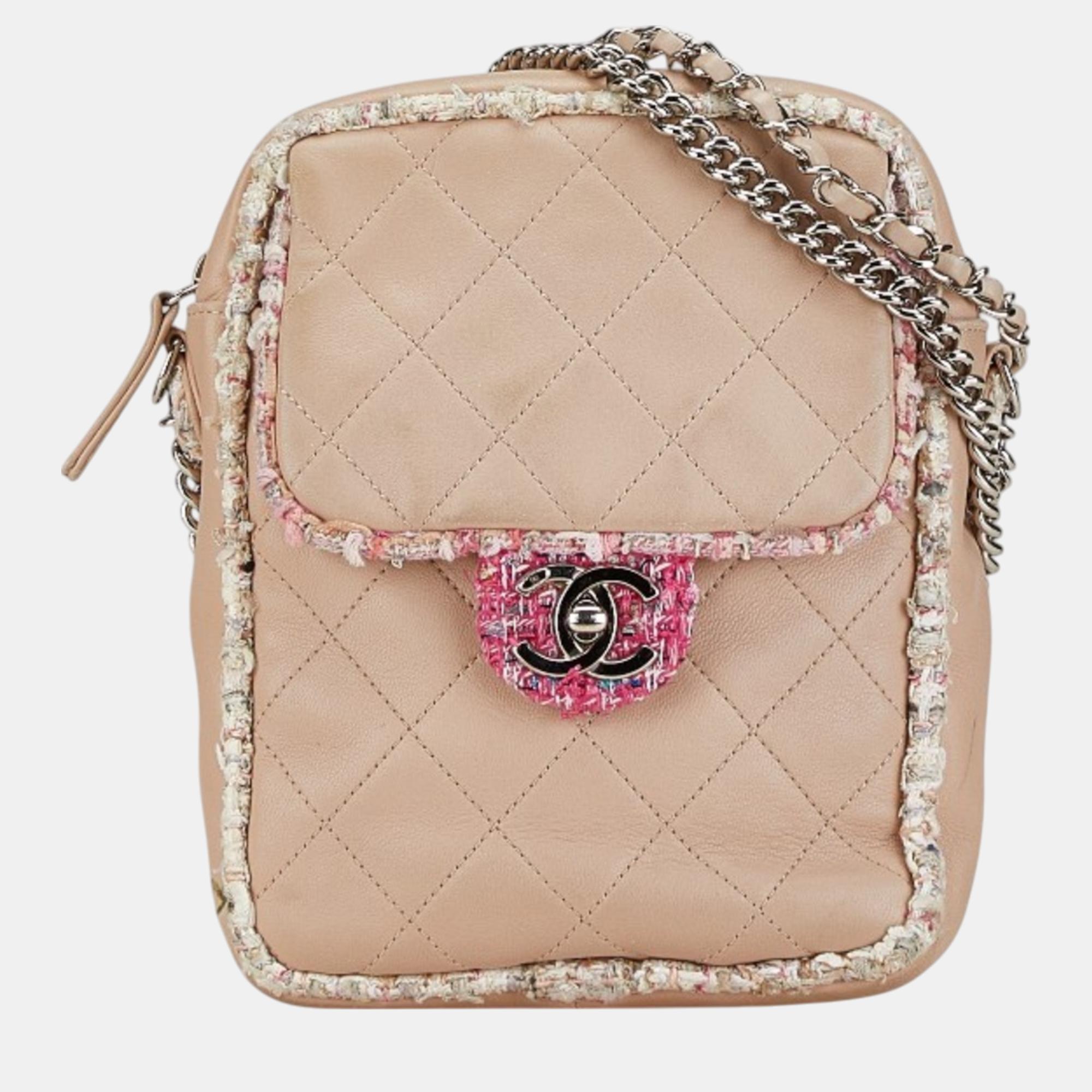 

Chanel Pink Tweed Lambskin Matelasse Coco Mark Shoulder Bag