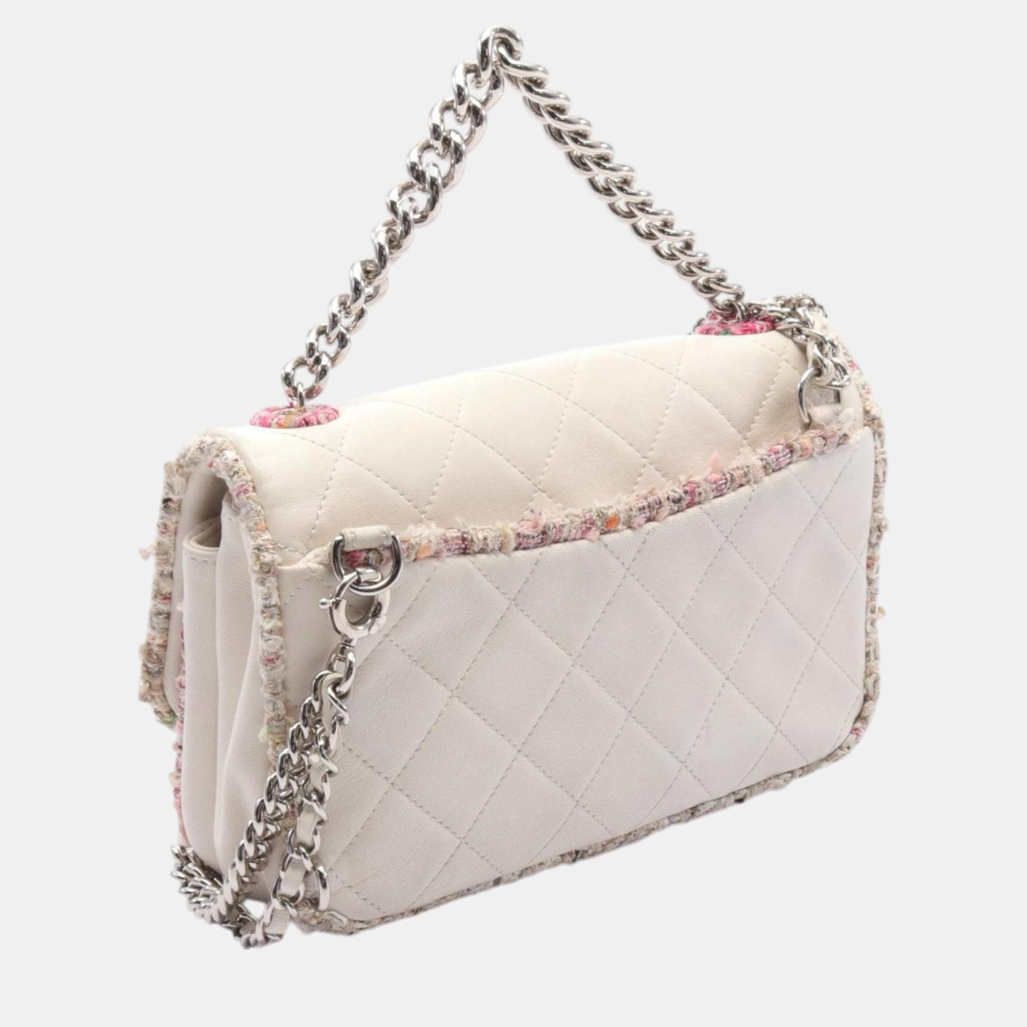 Chanel Leather Fabric White Pink Multicolor Matelasse Shoulder Bag 