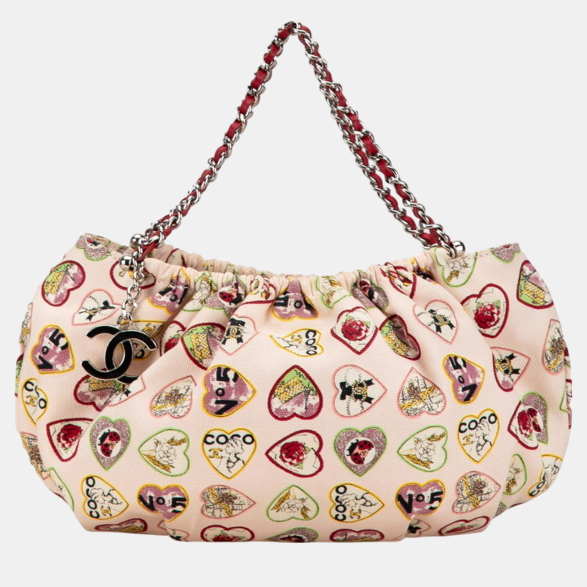 

Chanel Pink Red Multicolor Canvas Valentine Day Coco Mark Chain Handbag